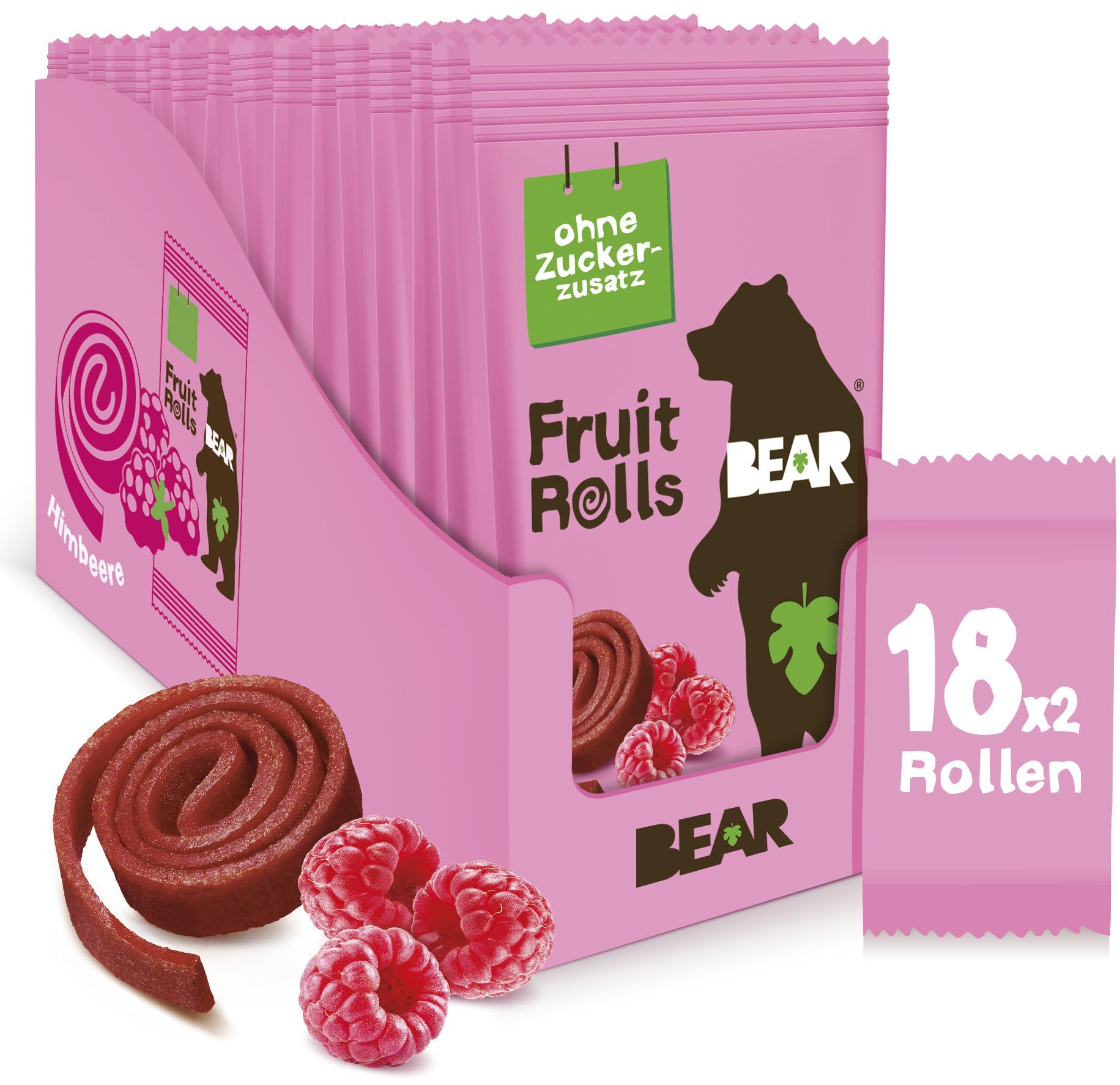 BEAR Fruchtrollen Himbeere | 100% Natürliche Inhaltsstoffe | Ohne Zusatz von Zucker | Gesunder Snack für Kinder & Erwachsene | 18 Beutel x 20g | 360g