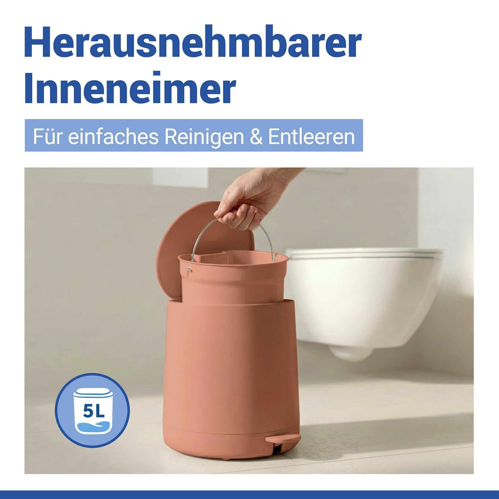 WENKO Kosmetik Treteimer Mod. Fablo aus Kunststoff, Soft-Touch-Beschichtung, Bad-Mülleimer 5 L, Abfalleimer mit Easy-Close Absenkautomatik und Einsatzbehälter, für Bad, Küche oder Büro, braun matt