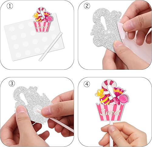 Miniatura 4 de 18 piezas de piruleta rosa con purpurina para casa de dulces, decoración de postre para cupcakes, suministros de decoración de baby shower, niños y