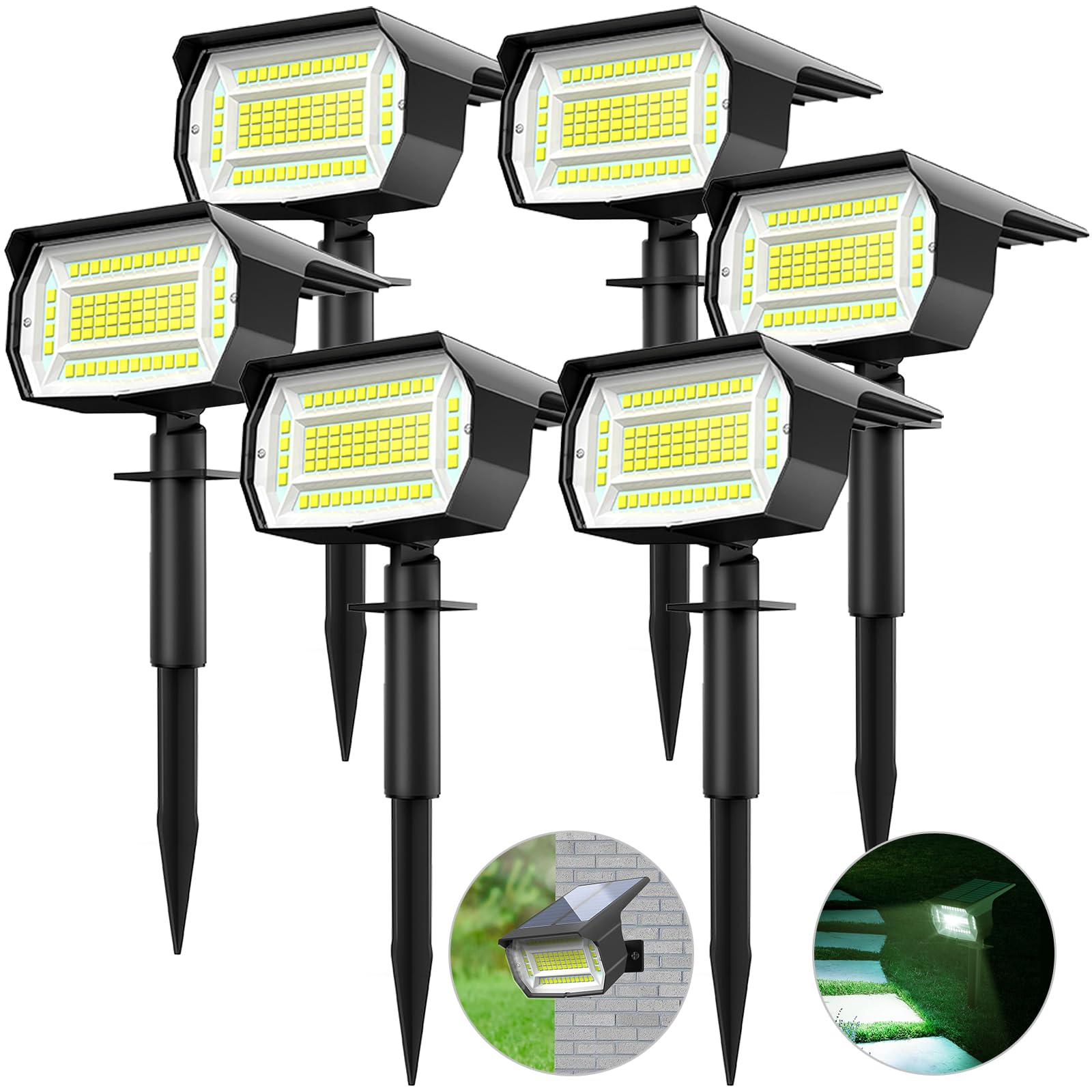 LOTMOS Solar Spot Lights Outdoor, 6 Pack/72 LED/3 Lighting Modes 2-in-1 Solar Landscape Lights, Auto On/Off IP67 Waterproof for Yard, Tree, Garden, House (Cool White)