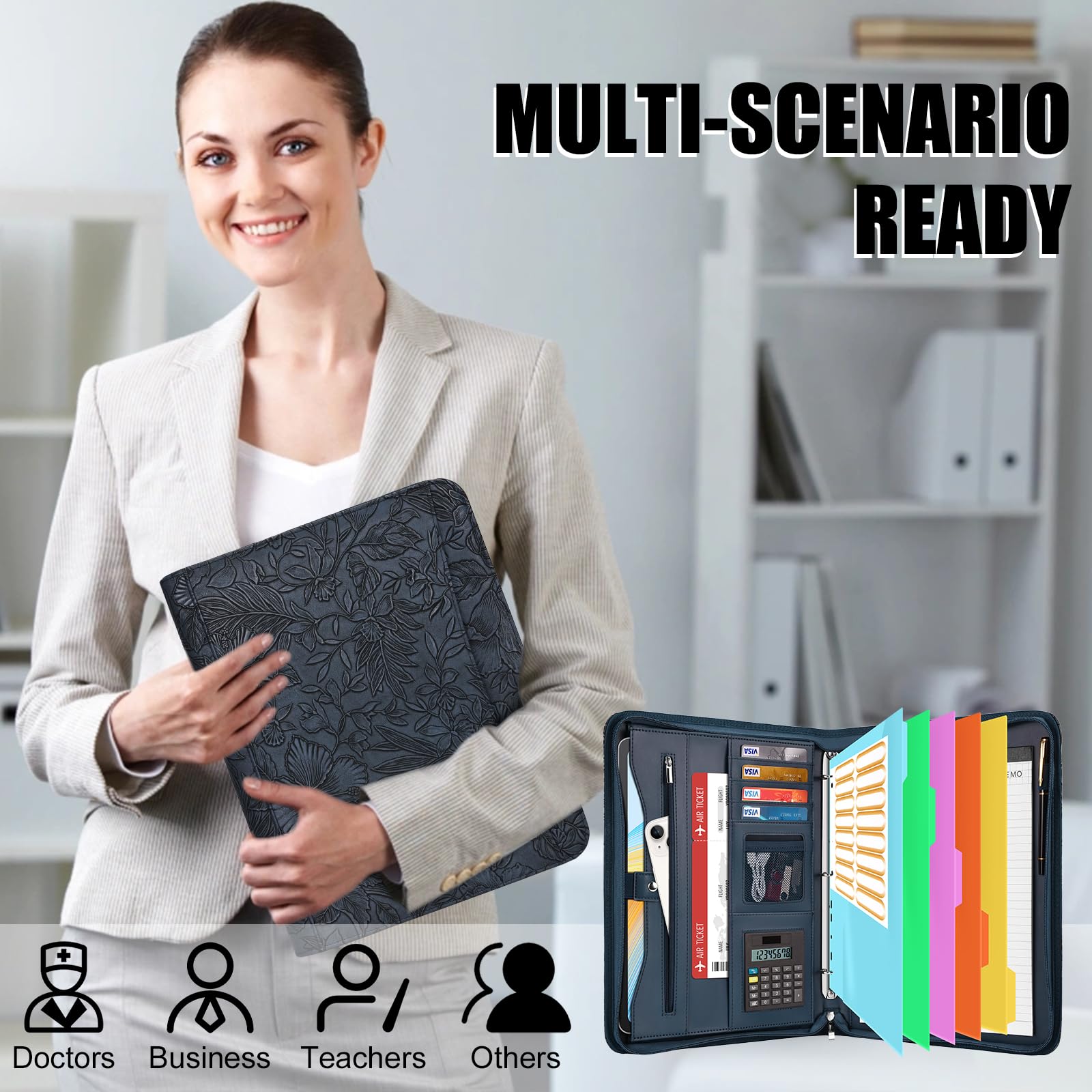 Eshow Portfolio Organizer – Raccoglitore a 3 anelli con cerniera, in pelle vegana, con blocco note, include 5 protezioni per fogli colorati per documenti per uomini e donne