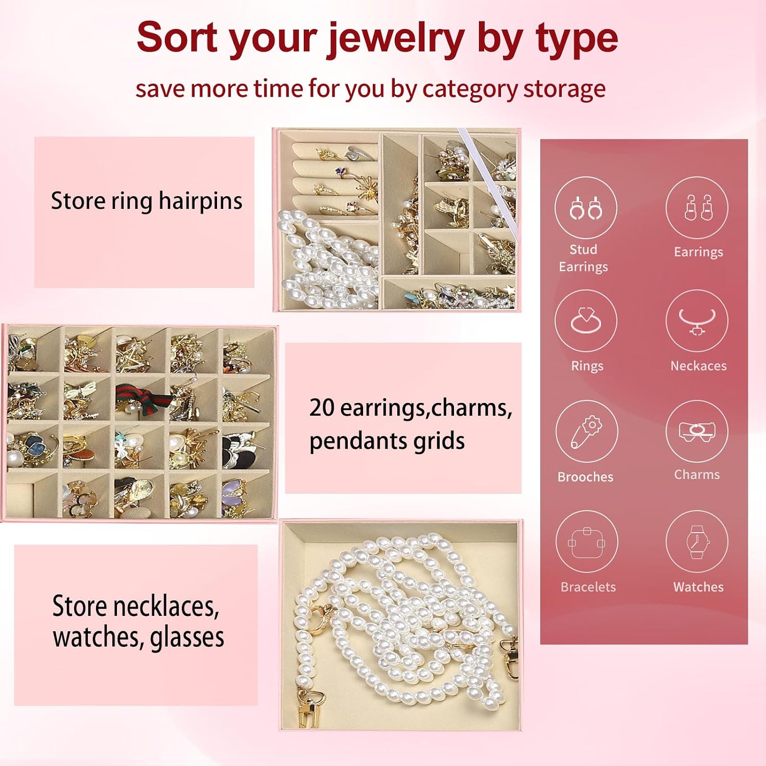 BOOVO Clear Lid Jewelry Box,3 Layers Jewelry Organizer Large Jewelry Storage Box with 2 Drawers,Jewelry Holder Organzier of Rings Earrings Necklace Bracelets for Women (Pink, 3 Layer) image 5