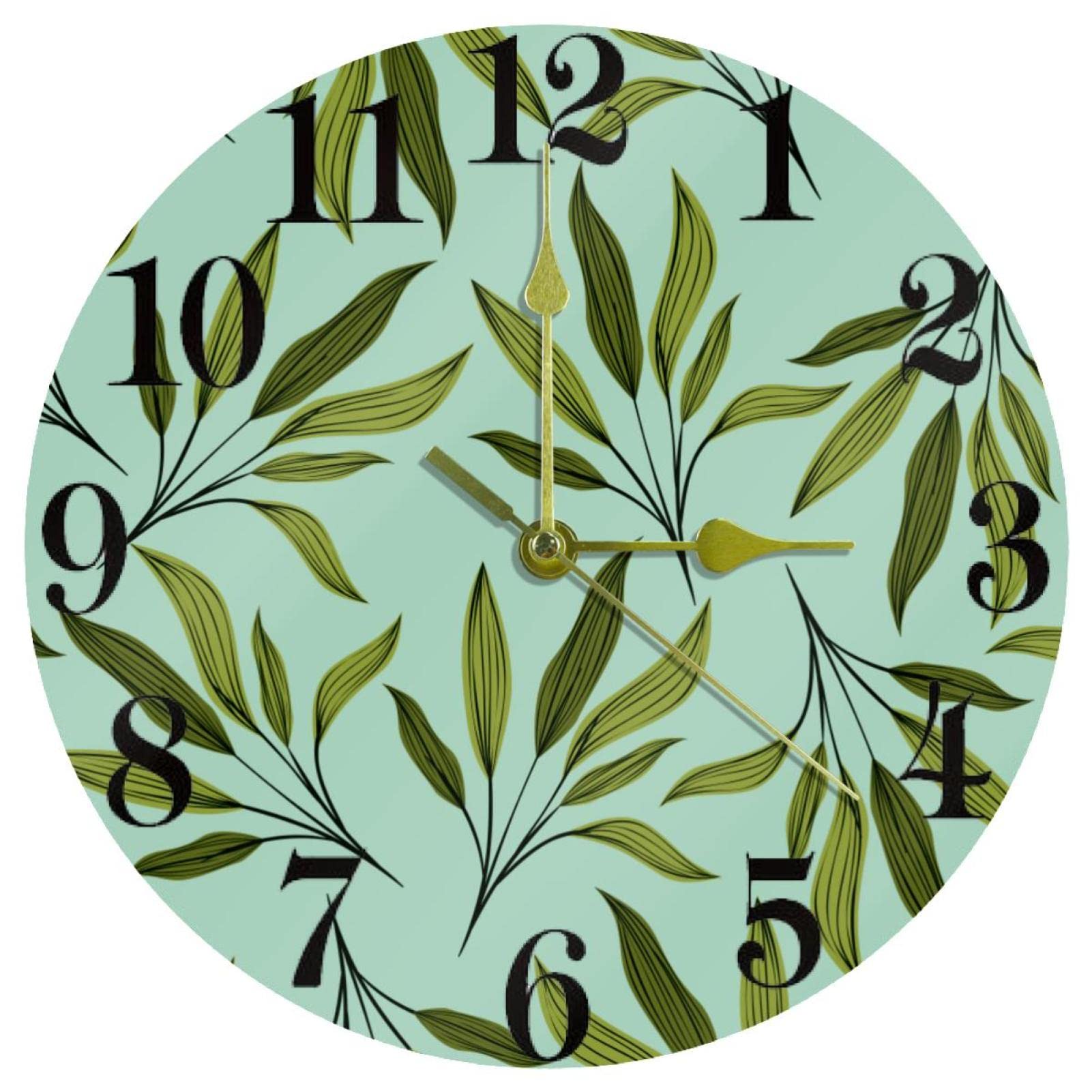 Horloge murale verte silencieuse de 25,4 cm avec motif feuille dessiné à la main pour cuisine