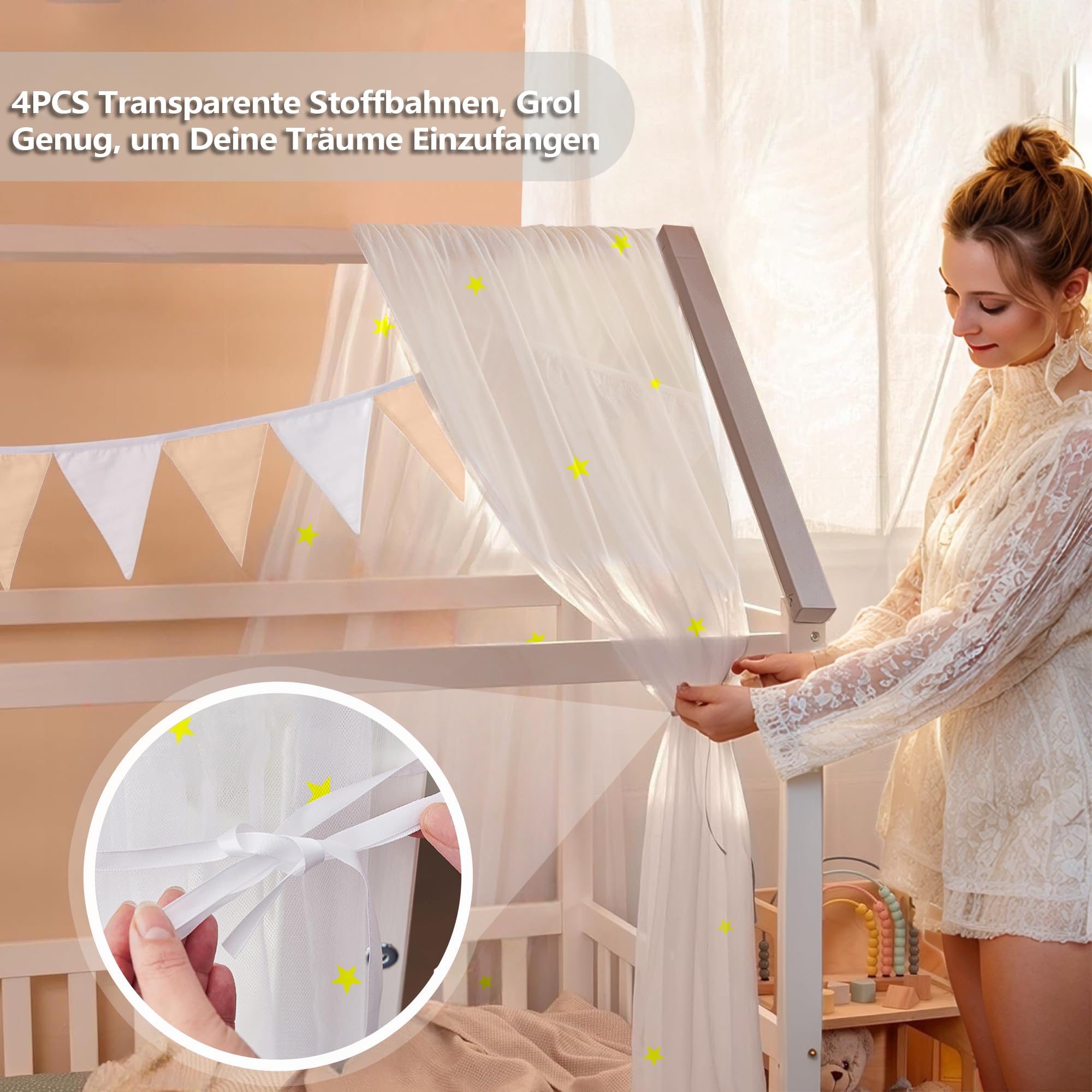 Hausbett Himmel Deko mit Leuchtenden Sternen, 2 Betthimmel & 1 Wimpelkette | Babybett Himmel für Kinderzimmer | Himmelbett Vorhänge für 90x200 & 120x200 Kinderbetten fürJungen/Mädchen(Weiß, 135x270cm)