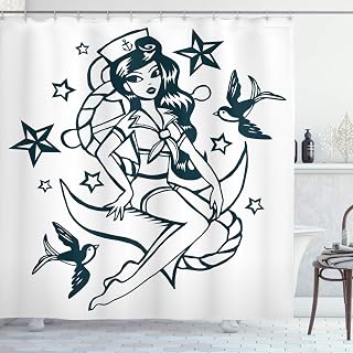 ABAKUHAUS Anker Duschvorhang, Pin-up-Girl Matrosenanzug, Stoffliches Gewebe Badezimmerdekorationsset mit Haken, 175 x 180 cm, Teal und Weiß