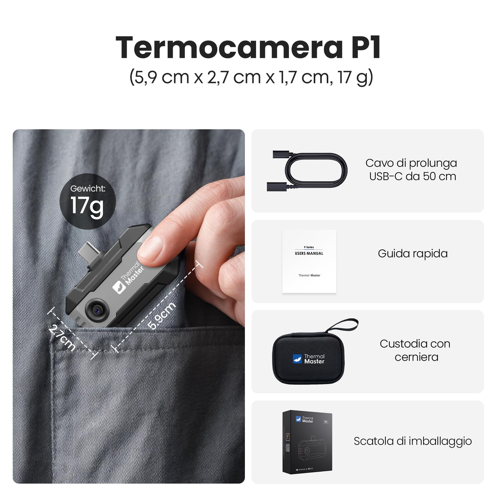 P1 Termocamera per Smartphone USB-C (Android & iOS), 320×240 X³ Super IR Risoluzione, -20°C a 600°C, 15x Zoom, 25Hz Infrarossi per Ispezione Casa & Elettricità