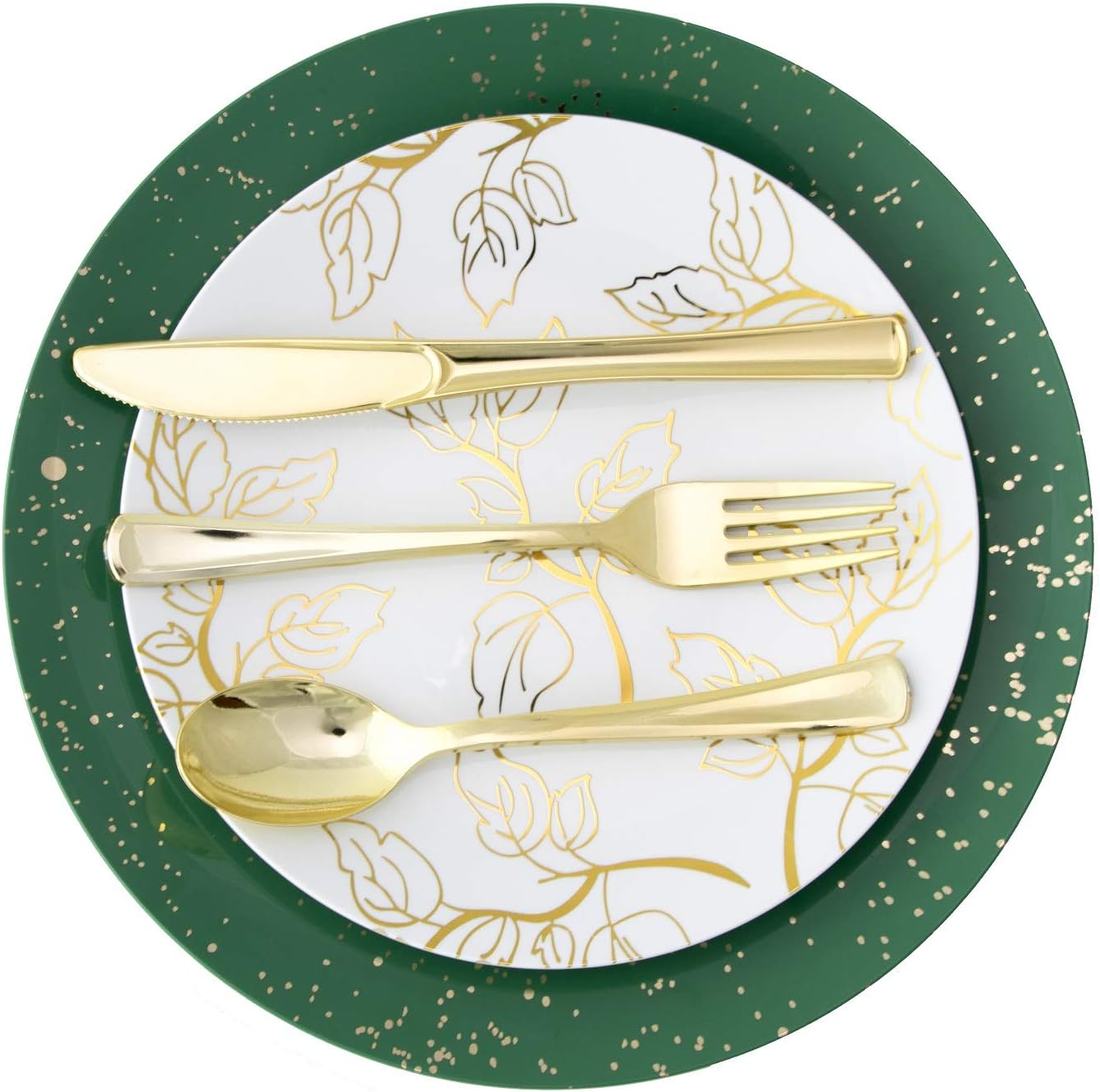 Trendables Christmas Plates Disposable 100 Pcs Christmas Dinnerware Set, Christmas Plastic Plates Set Includes: 20 10" Dinner Plates, 20 8" Dessert Plates & 20 Of Each Gold Forks, Knives & Spoons