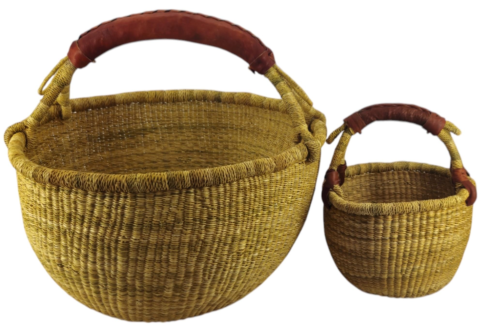 2er Set Bolga Körbe – Kleiner 20×20 cm und Größer 40×40 cm in Natürlicher Farbe mit Lederriemen – Leicht & Stabil, Handgefertigt & Fair Trade