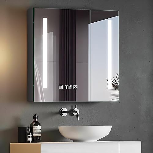 Miniatura 1 de SogesGame Botiquín de baño con espejo, armario de baño LED de 30 x 26 pulgadas montado en la pared, espejo de tocador de baño con botón táctil,