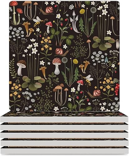 Miniatura 32 de Posavasos botánicos, posavasos redondos de cerámica redondos, 4 unidades, diseño de plantas vintage, diseño botánico de dibujos animados, hongos