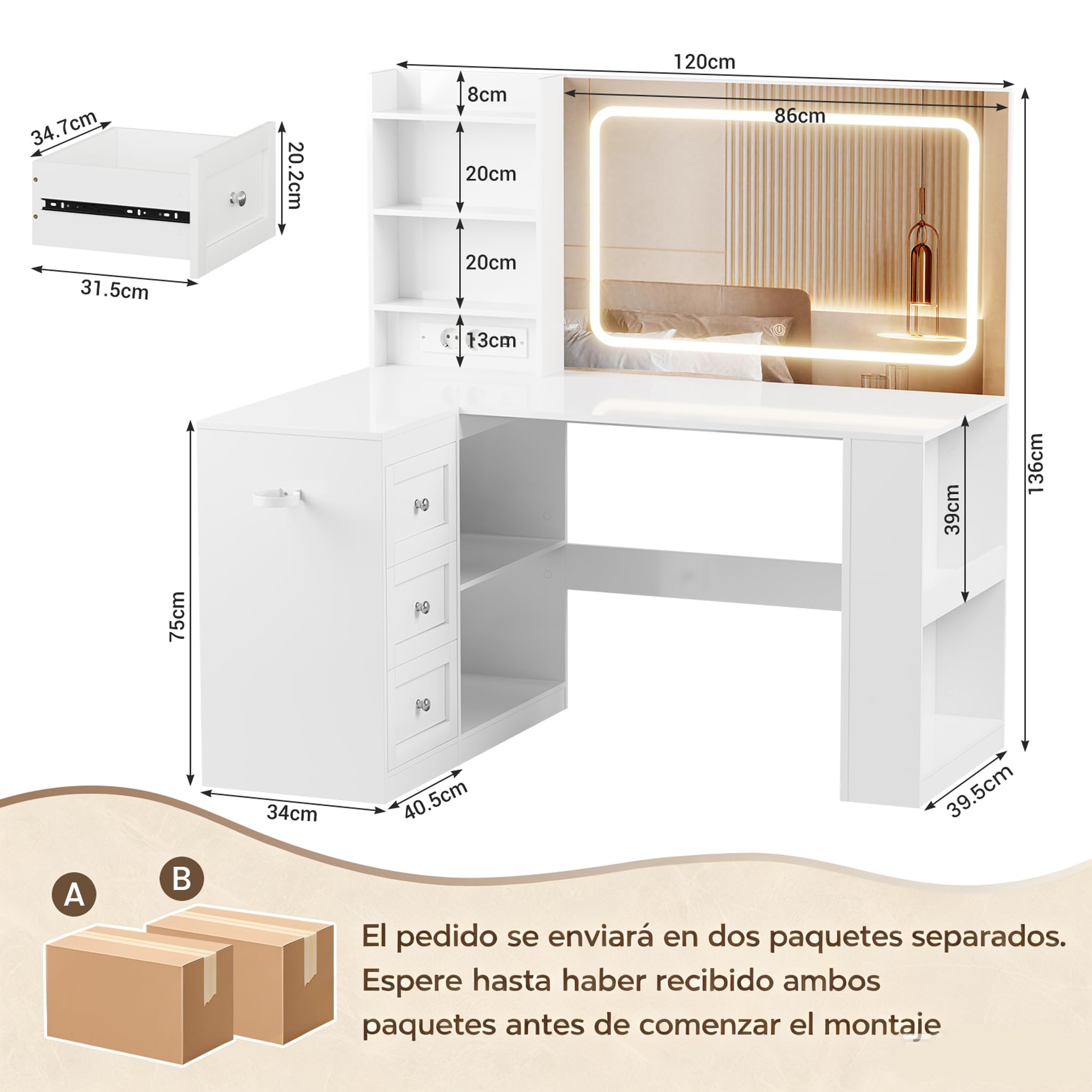 YOUDENOVA Tocador de Maquillaje Grande con Luz y Enchufes, Color y Brillo Ajustables, 86 x 61 CM Espejo con 3 Estantes y 3 Cajones, Mesa Maquillaje con 4 Compartimentos Moderno, 120x80x136cm, Blanco