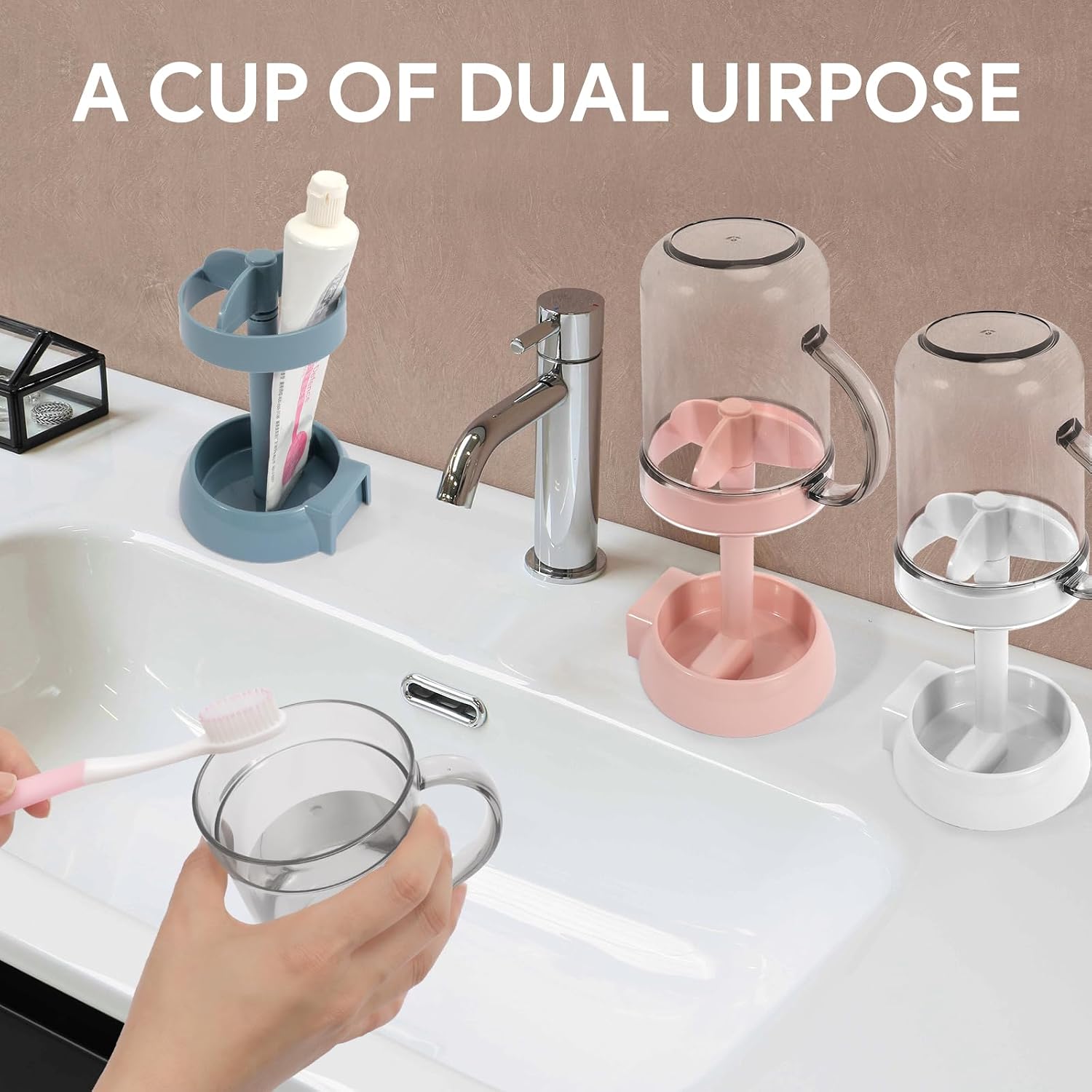 Toothbrush Holder with Cup Cover, 3 Slots Toothpaste Organizer Compatible with Electric Toothbrushes and Conventional Toothbrushes for Bathroom Pink