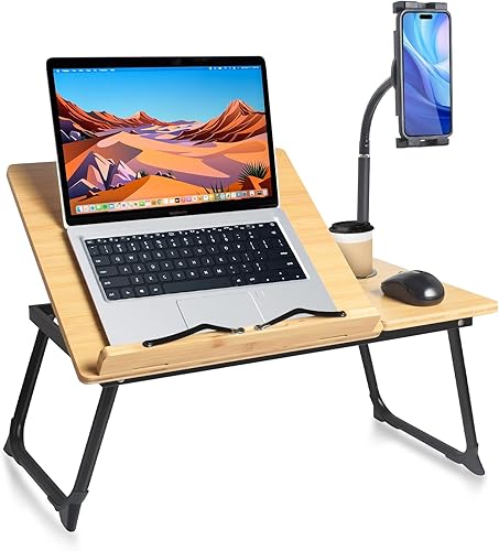 wishacc - Escritorio para laptop en cama, mesa de escritorio ajustable de bambú con cuello de cisne para tablet para laptop, tableta, teléfono,