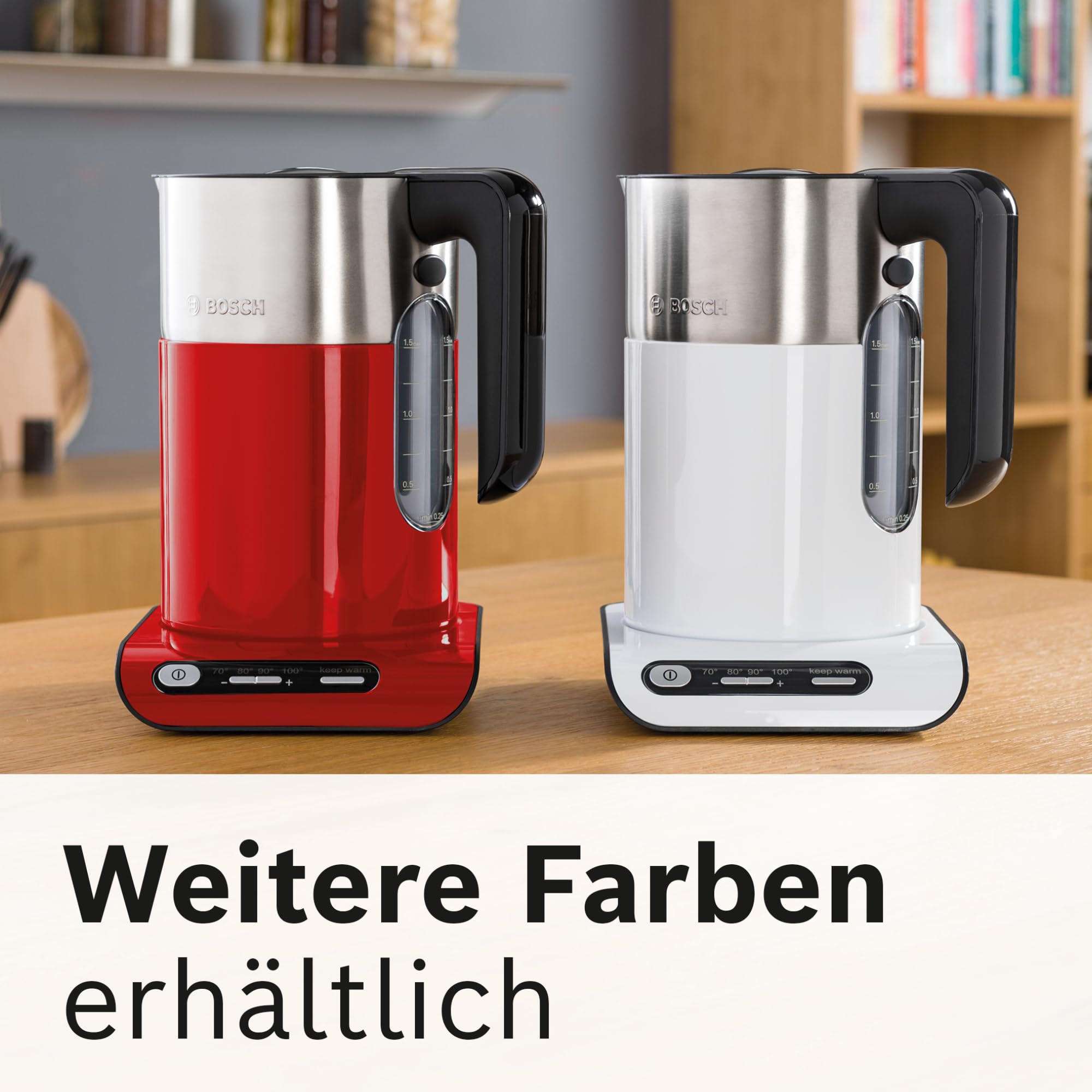 Bosch kabelloser Wasserkocher TWK8613P, Abschaltautomatik, Überhitzungsschutz, Temperaturwahl, Warmhaltefunktion, 1,5 L, 2400 W, schwarz