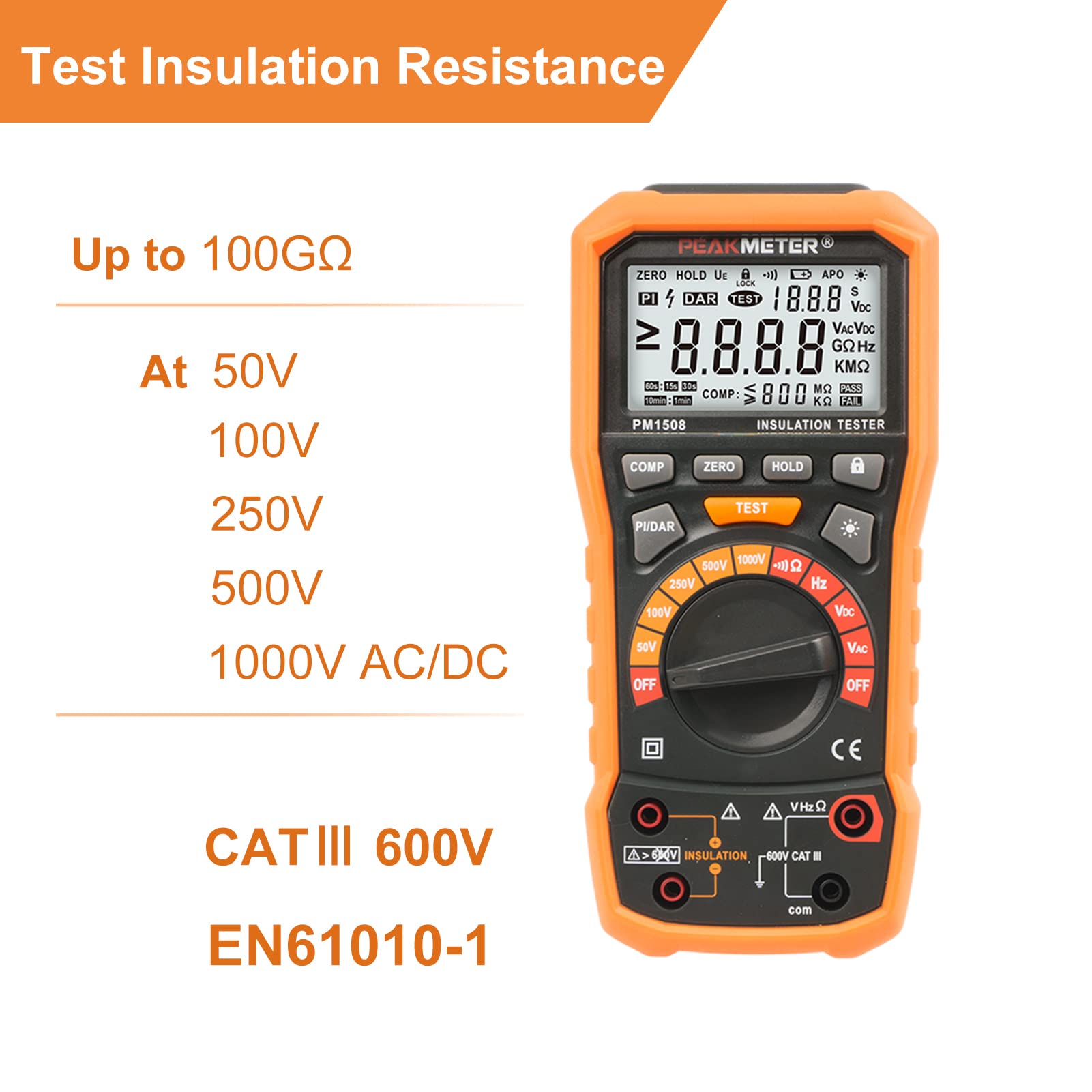 Megohmmeter, Insulation Resistance Tester, 50V-1000V Up to 100GΩ — Amazon image 5