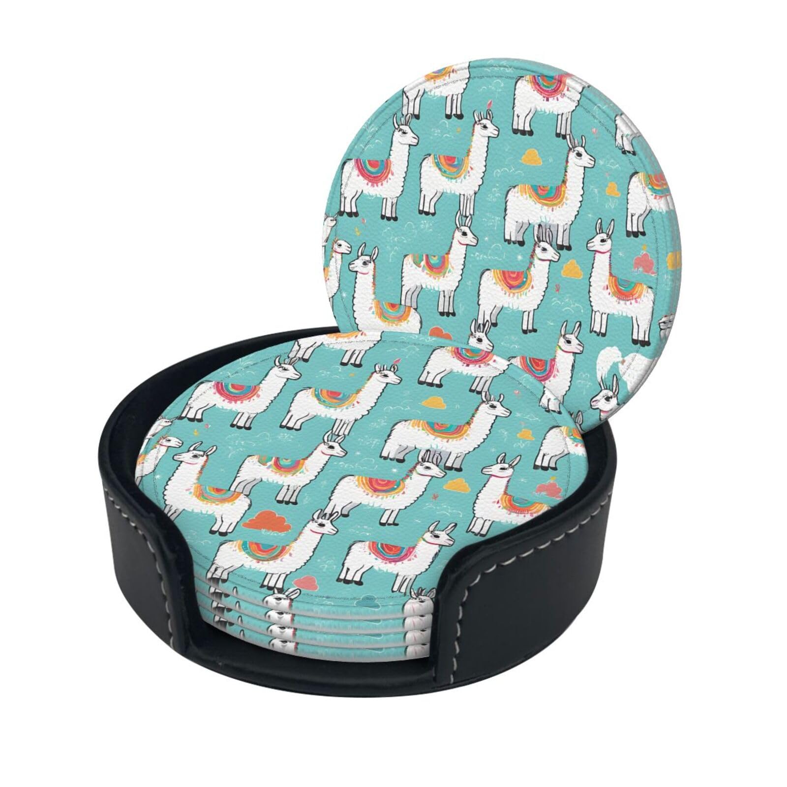 Cute Llama Print Coaster,Round Leather Coasters with Storage Box for Wine Mugs,Cold Drinks and Cups Tabletop Protection (6 Piece)