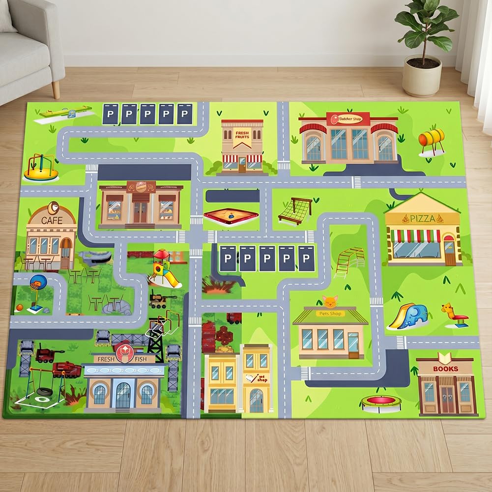 Tappeto da gioco per auto giocattolo, Tappeto Stradale per Bambini, per Bambini AntiscivoloTappetos Soggiorno e Camera da Letto -80×120cm