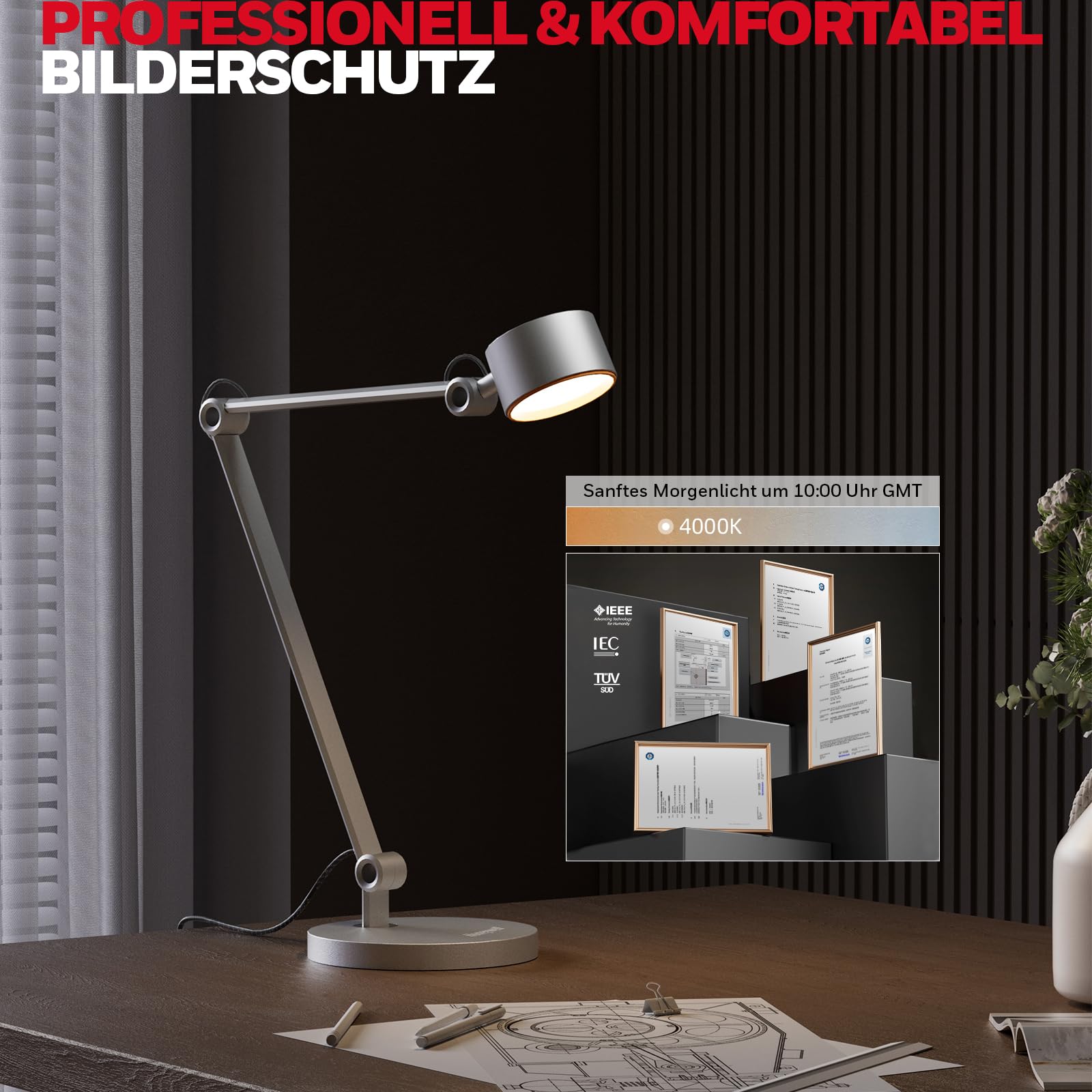 Honeywell LED-Tischleuchte 01A Sunturalux mit Schwenkarm für Handarbeiten | 4000K Tageslicht, CRI≥95, RG0 geringes Blaulicht, Tischleuchte für Architekten, augenschonend