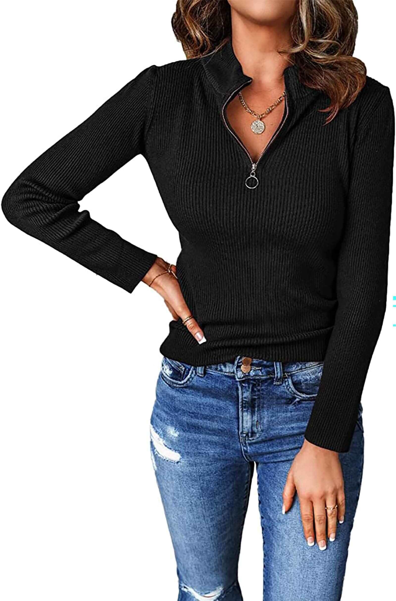 PRETTYGARDEN Womens Quarter Zip Mock Neck Rib Fitted Sweaters Zip Up Ribbed Sweater Tops Dressy Casual, Collared Long Sleeve Pullover, Soft Litghtweight Knit Tops, Y2K Fall Outfits 2026