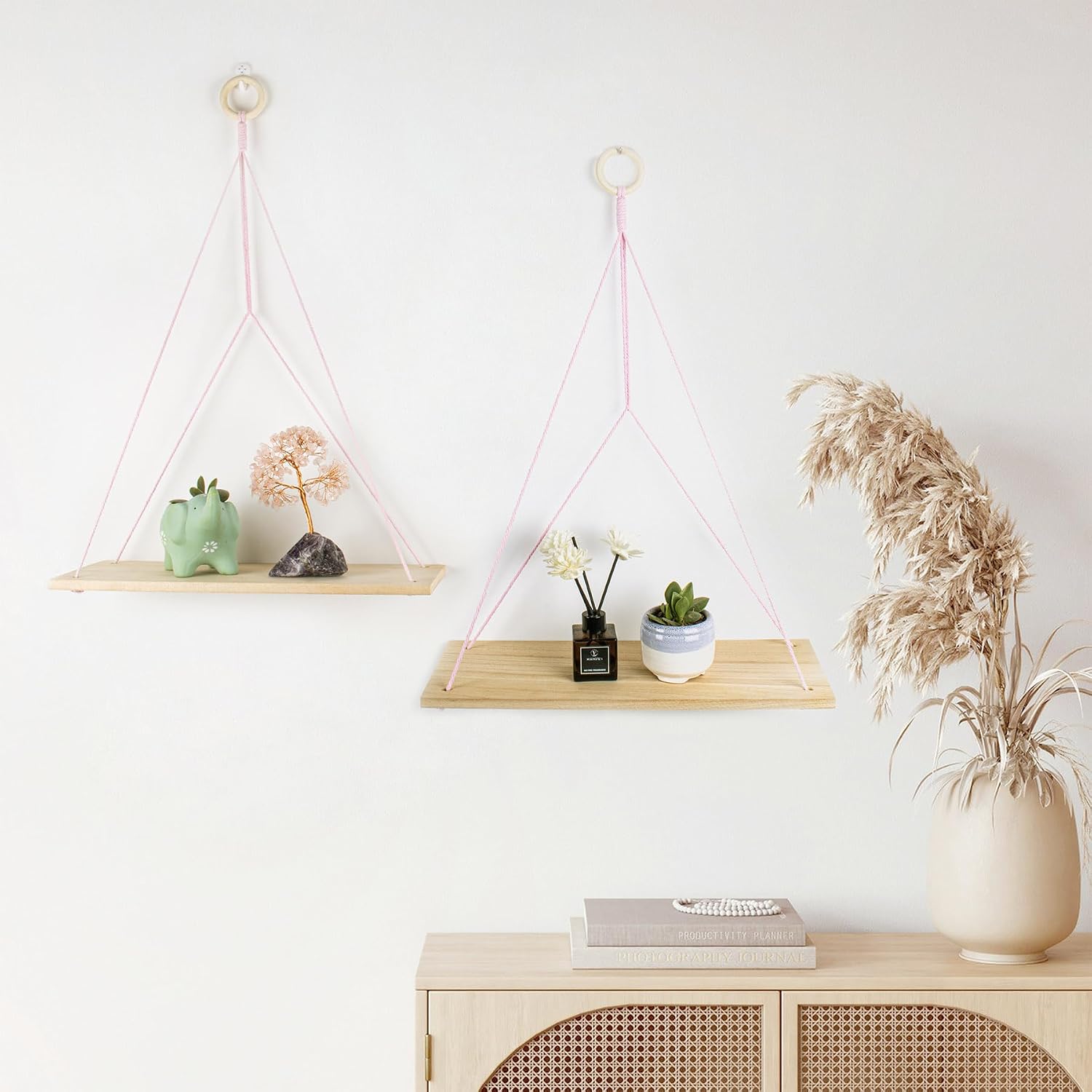 HVEST Pink Macrame Wall Hanging Shelf Set of 2, Geometric Bookshelf Wall Art Decor Wood Floating Shelves Storage Macrame Plant Hanger Handmade Woven Tapestry for Bedroom Living Room Nursery Dorm image 5