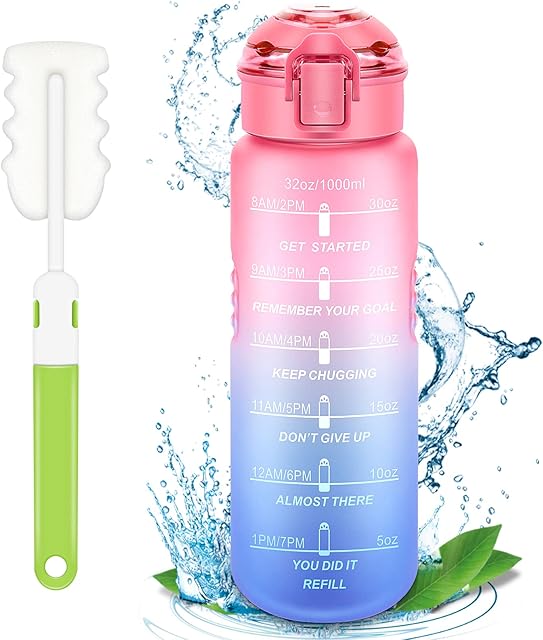 Umriox Sports Water Bottle 1L, Motivational Fitness Water Bottle with Time Markings, Leakproof BPA Free Tritan Plastic Drink Bottle with Strainer & Brush for Gym, Outdoor, Cycling, School & Office