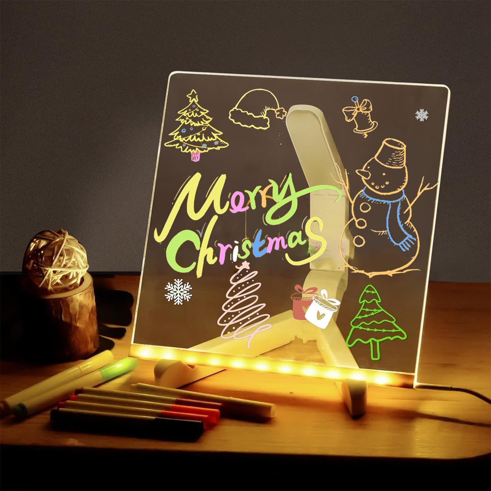 Led Note Board with Colors,Upgraded Lighted Note Board,Glowing Acrylic Message Marker Board Christmas, Light Up Dry Erase Board with Adjustable Stand and 7 pens for Office and School (5.9”× 5.9”)
