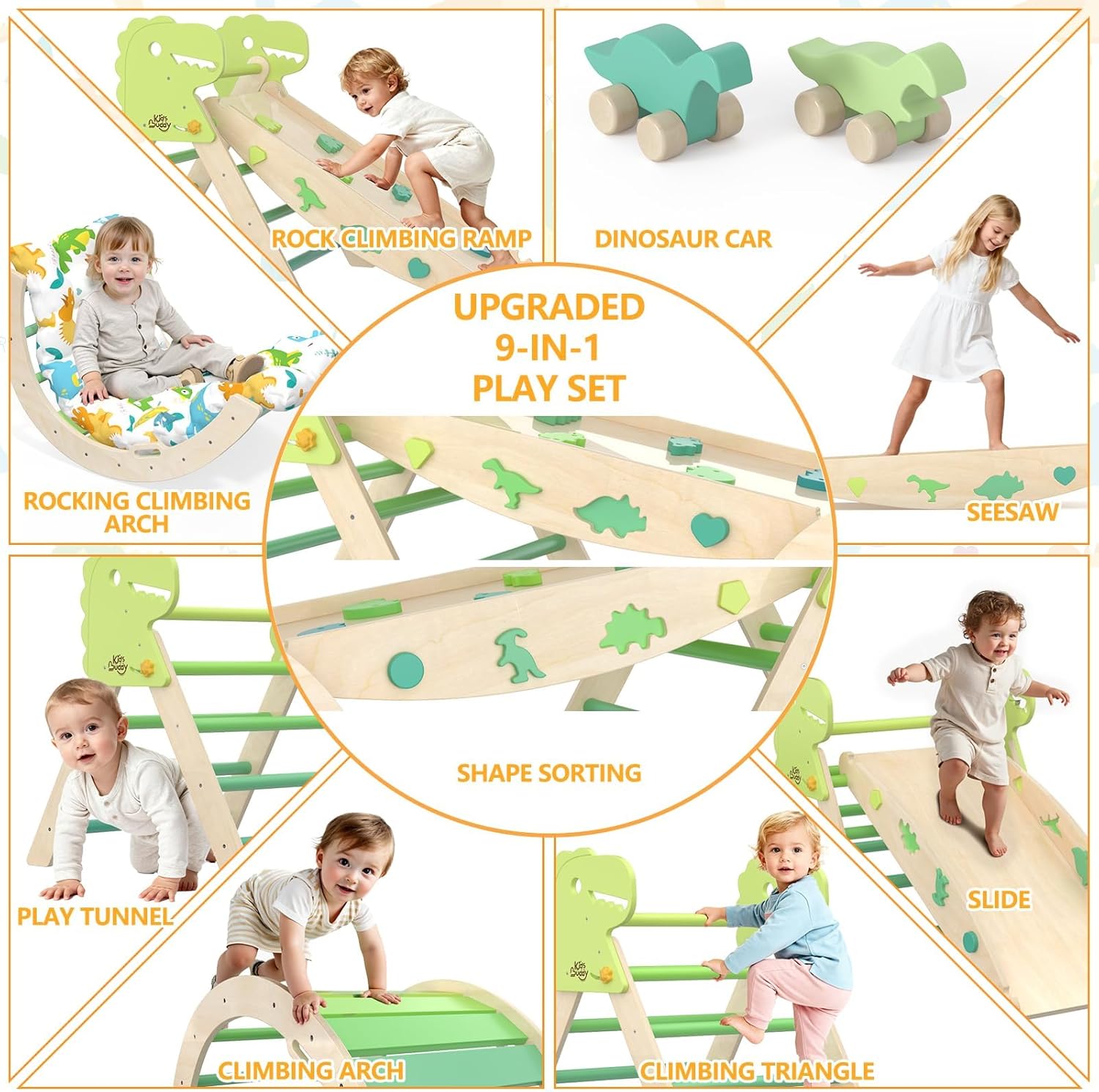 Pikler Triangle Set with Cushion 9 in 1 Climbing Toys for Toddlers 1-3 Indoor Baby Climbing Gym Toddler Montessori Toys Wooden Playground with Maze, Shape Sorting Game, Dinosaur Car