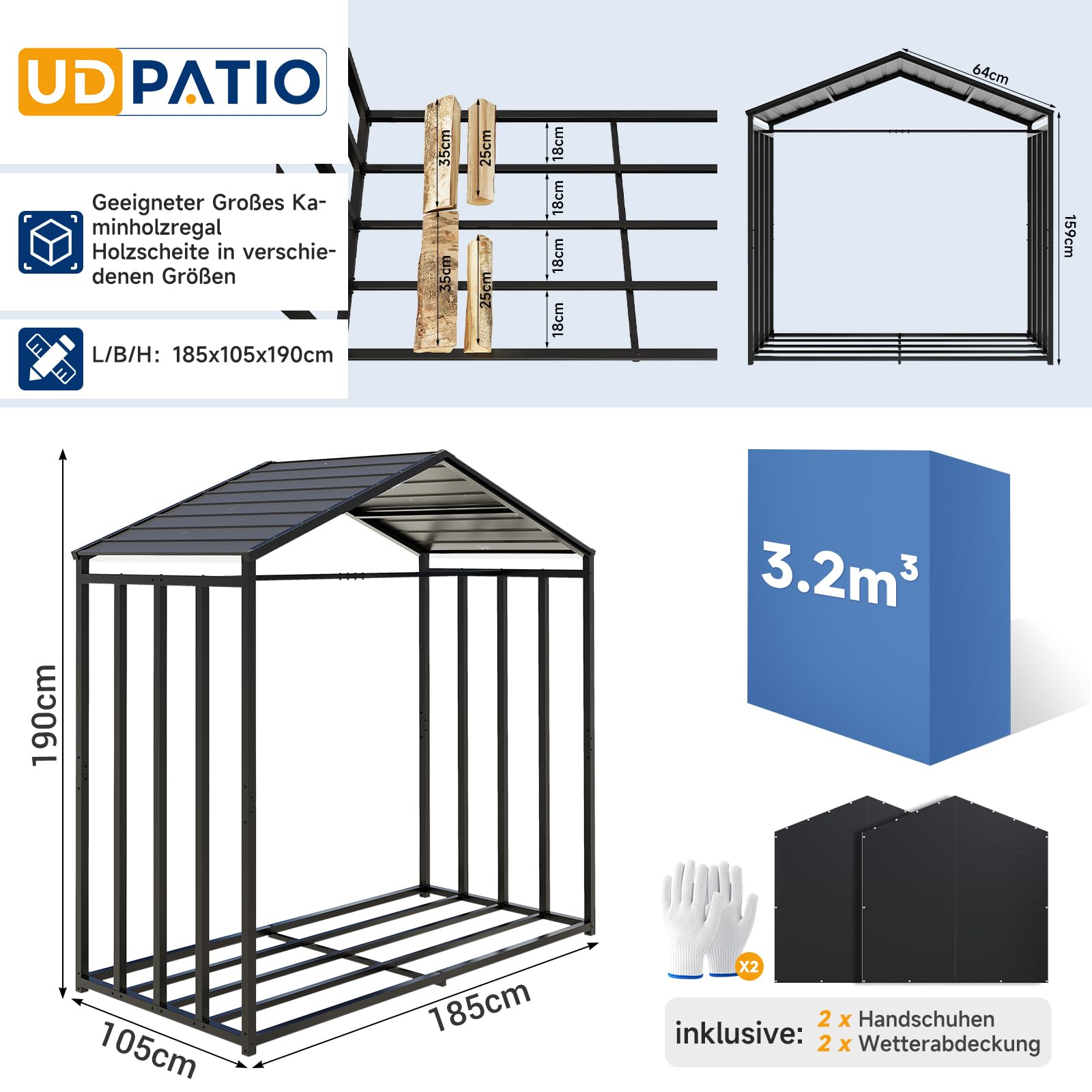 UDPATIO Metalowy regał na drewno kominkowe, antracyt, 185 x 105 x 190 cm / 3,2 m³ z metalowym dachem – odporny na warunki atmosferyczne, z plandeką odporną na promieniowanie UV, do układania w stos