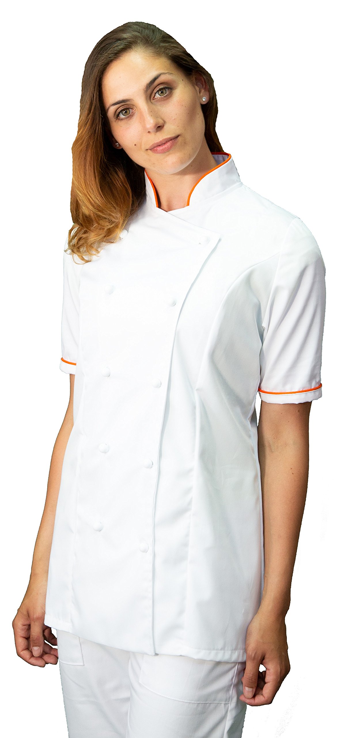 Ricamo Gratuito - Completo Cuoco da Cucina Bianco e Arancione Divisa Chef Donna Manica Corta Pantalone, Giacca e Grembiule Made in Italy