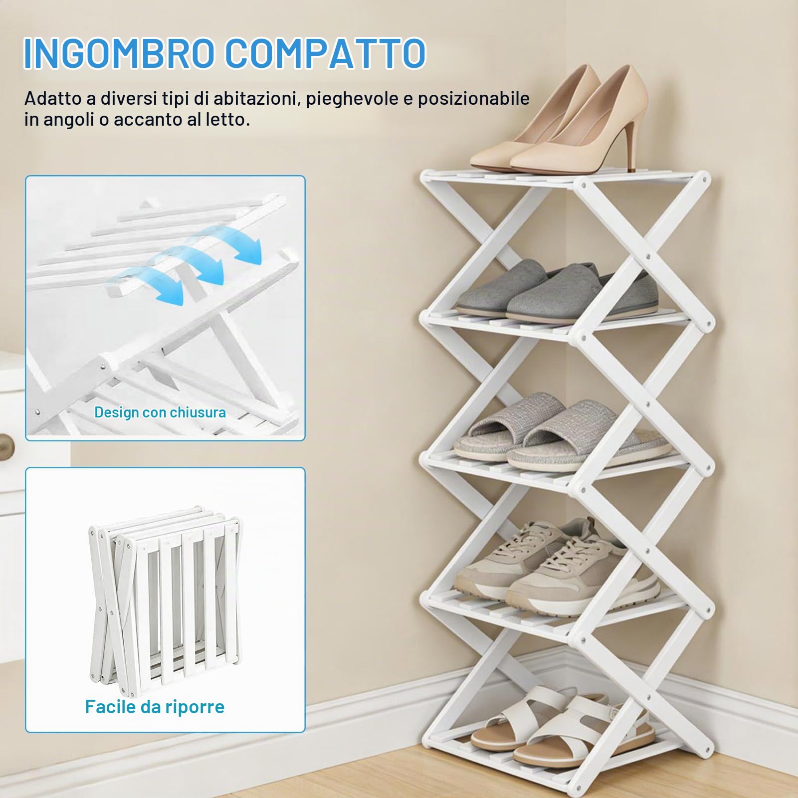 MeYuxg Piccola Scarpiera Salvaspazio Bambù,3-5 Livelli Scarpiera Pieghevole,Verticale Piccola Scaffale Autoportante,per ingresso corridoio camera da letto armadio(5 Livelli)