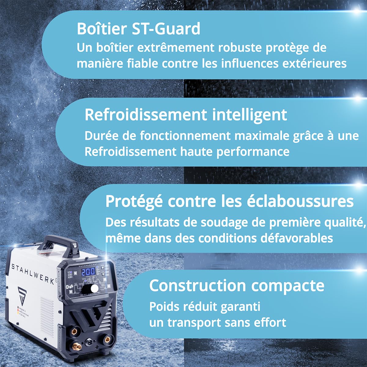 STAHLWERK Poste à souder combiné 2-en-1 DC TIG 200 Puls Pro – TIG & MMA (ARC) jusqu'à 200 A, fonction Pulse, mémoire de jobs, Hotstart, adapté aux tôles fines, pour acier, inox, cuivre & laiton