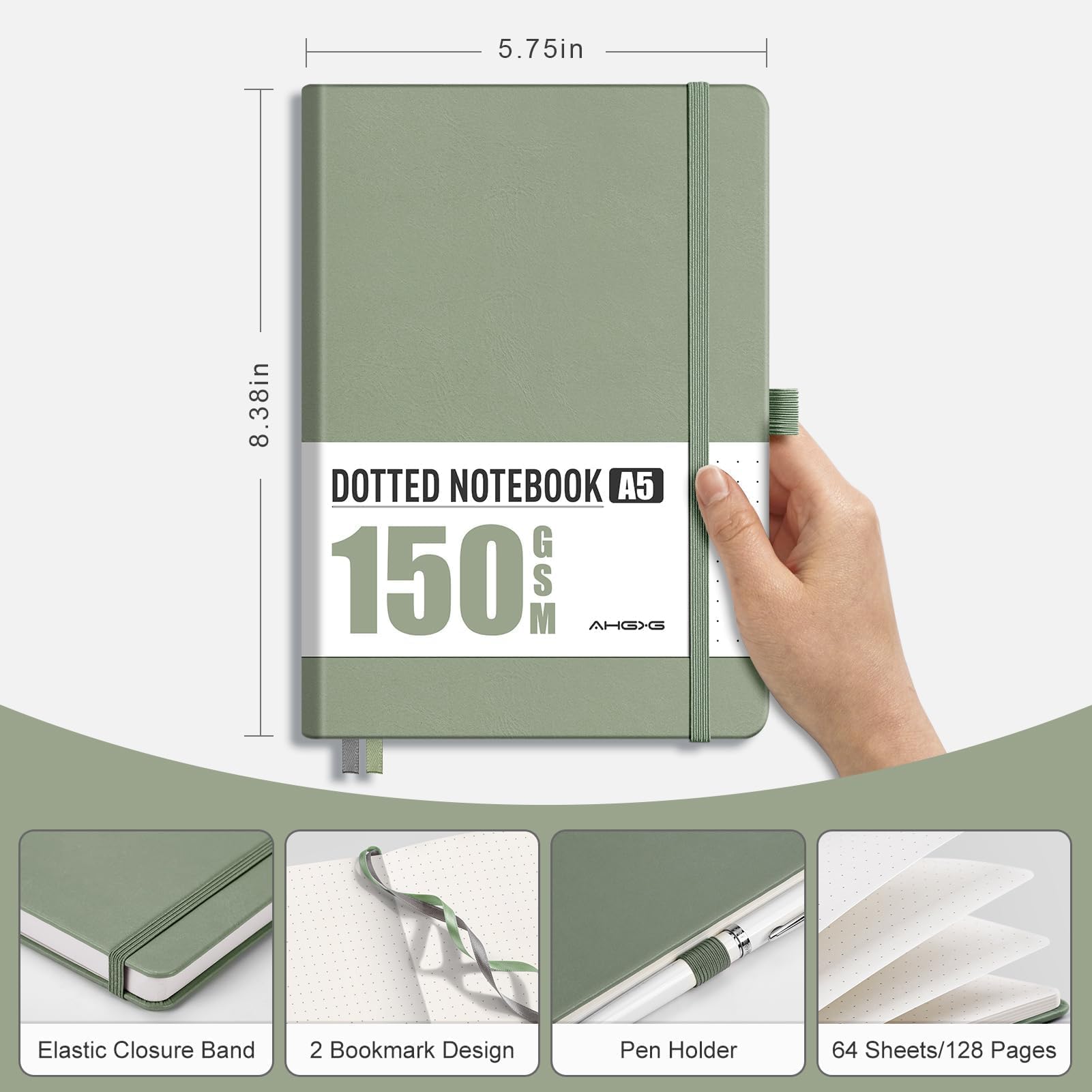 AHGXG Gepunktetes Tagebuch, 150 g/m² Papier, 128 Seiten, A5 (14 x 21 cm) | Dot Grid Notizbuch, Leder Softcover, Innentasche, Schablone, für Journaling, Planung, Tracking (Salbeigrün)