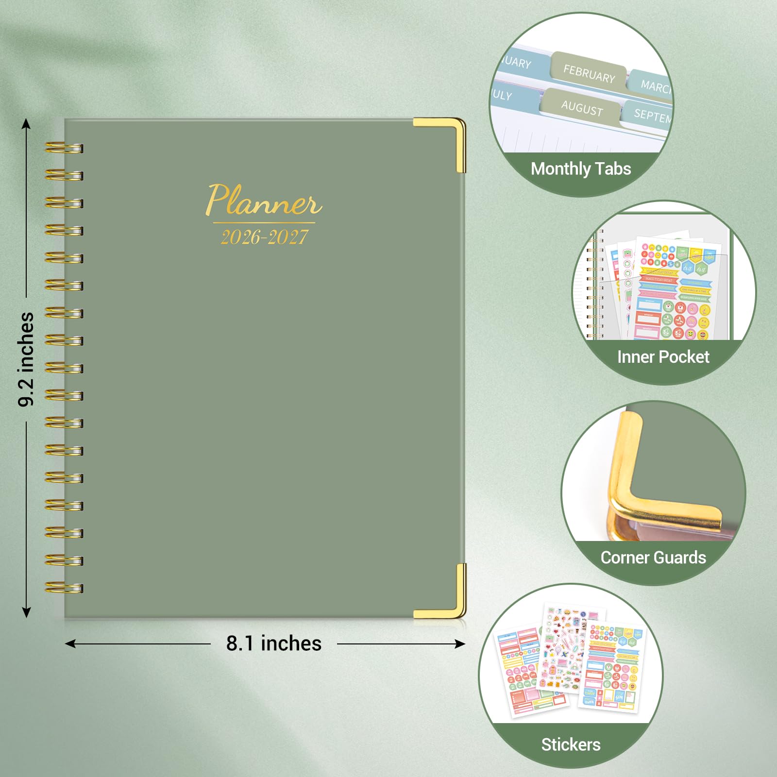 Planer 2026-2027, Wochen- und Monatsplaner, Juli 2026 - Juni 2027, B5 Hardcover Spiralplaner mit monatlichen Registerkarten, inspirierende Zitate für Schüler und Schule, B5 (20,6 x 23,4 cm), Grün
