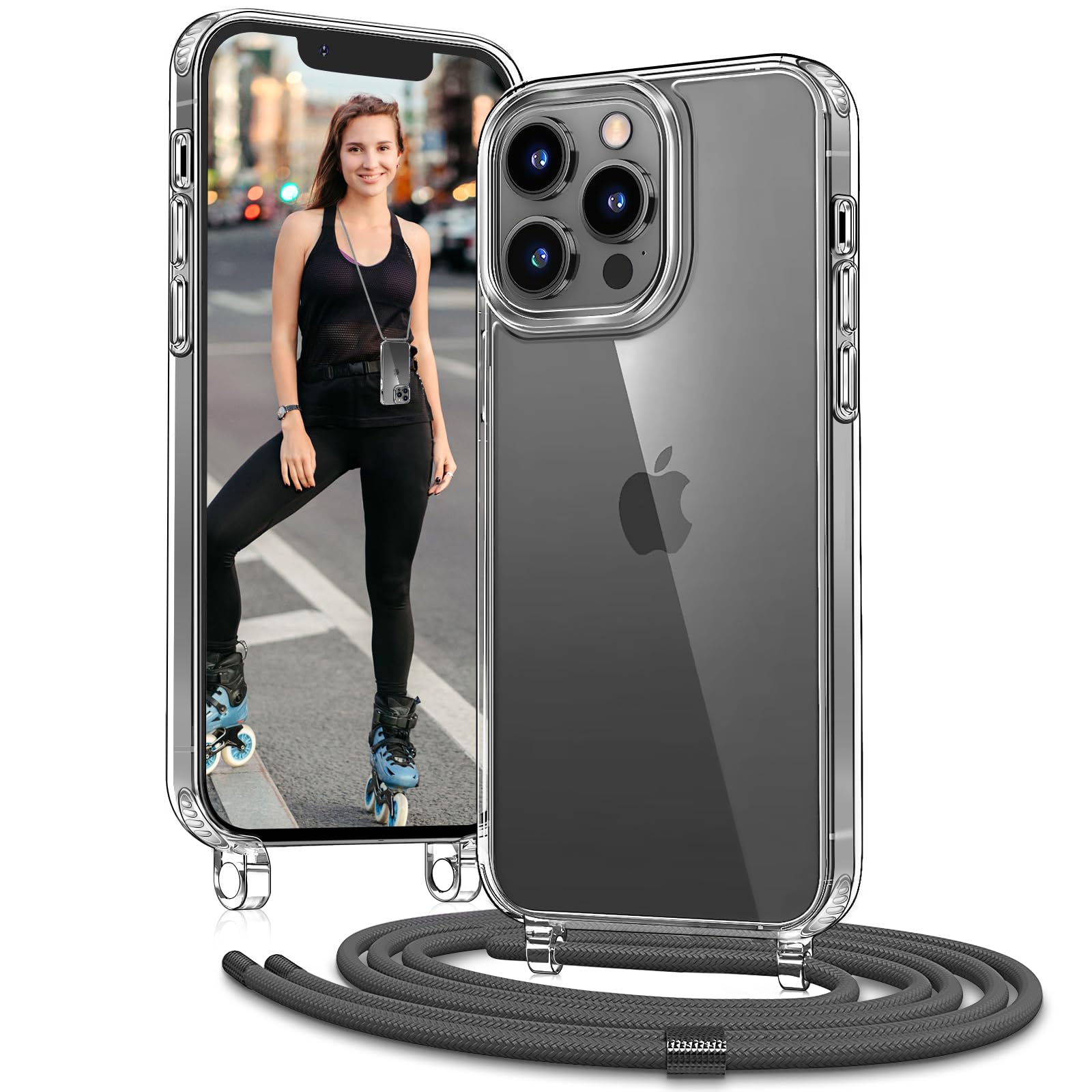 Vaykwo Handykette mit Band für Apple iPhone 13 Pro Hülle - Necklace Handyhülle - Transparente Case zum Umhängen mit Kameraschutz und Bildschirmschutz - Grau
