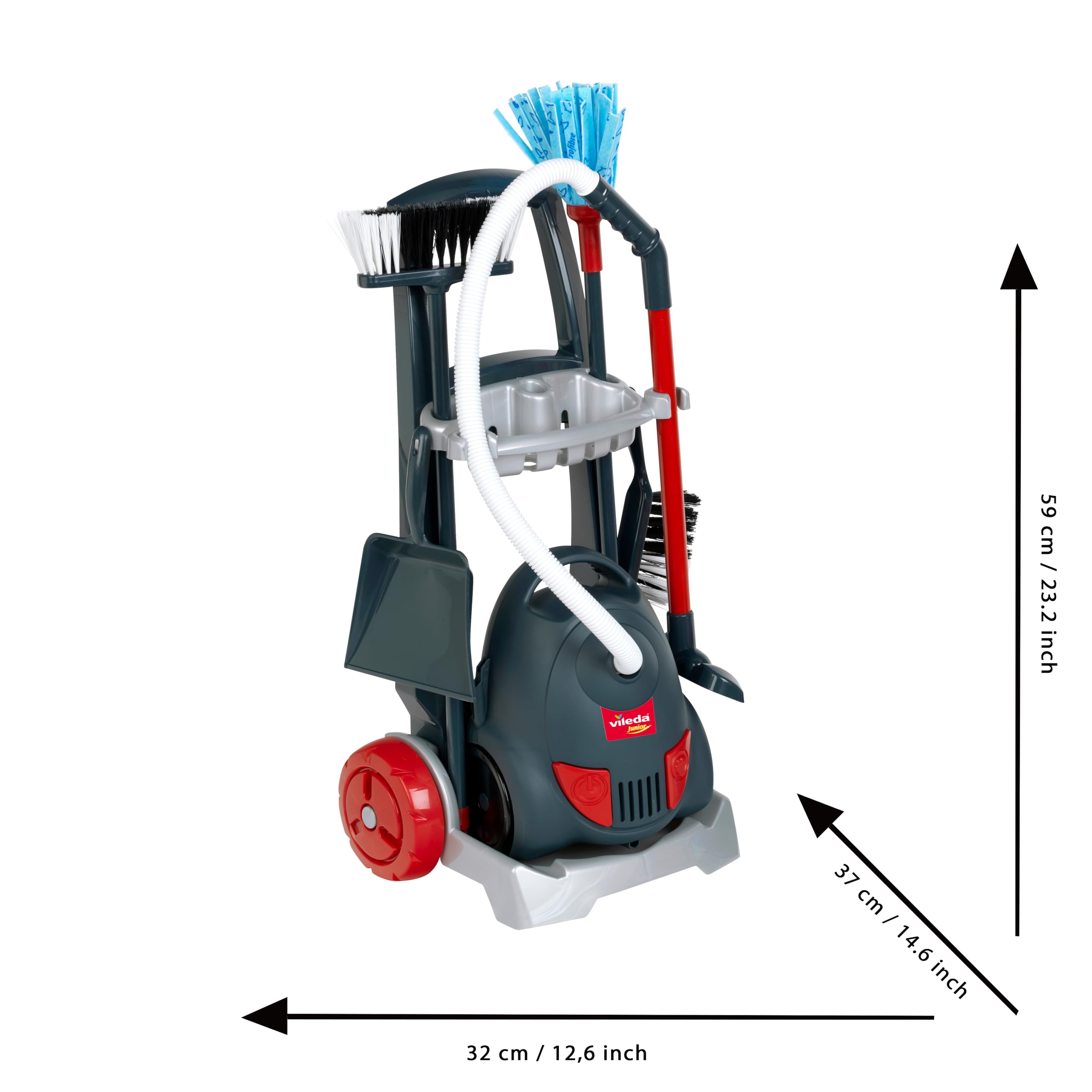 Theo Klein 6847 Aspirapolvere Vileda con Carrello per Le Pulizie | Set di Pulizia a 7 Pezzi con Suono Realistico | Giocattolo per Bambini dai 2 Anni