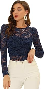 Allegra K Women's Lace Embroidery Semi Sheer Vintage Puff Sleeve