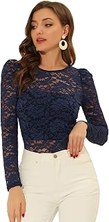 Women's Long Sleeve Lace Top Mesh Sheer Fitted Elegant Blouse