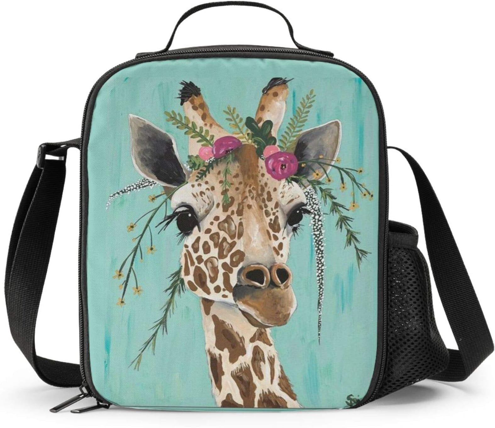 PrelerDIY Giraffe Lunch Box - Insulated Lunch Box for Kids Deer with Floral Headpiece Design with Side Pocket & Shoulder Strap Lunch Bag, Perfect for School/Camping/Hiking/Picnic/Beach/Travel