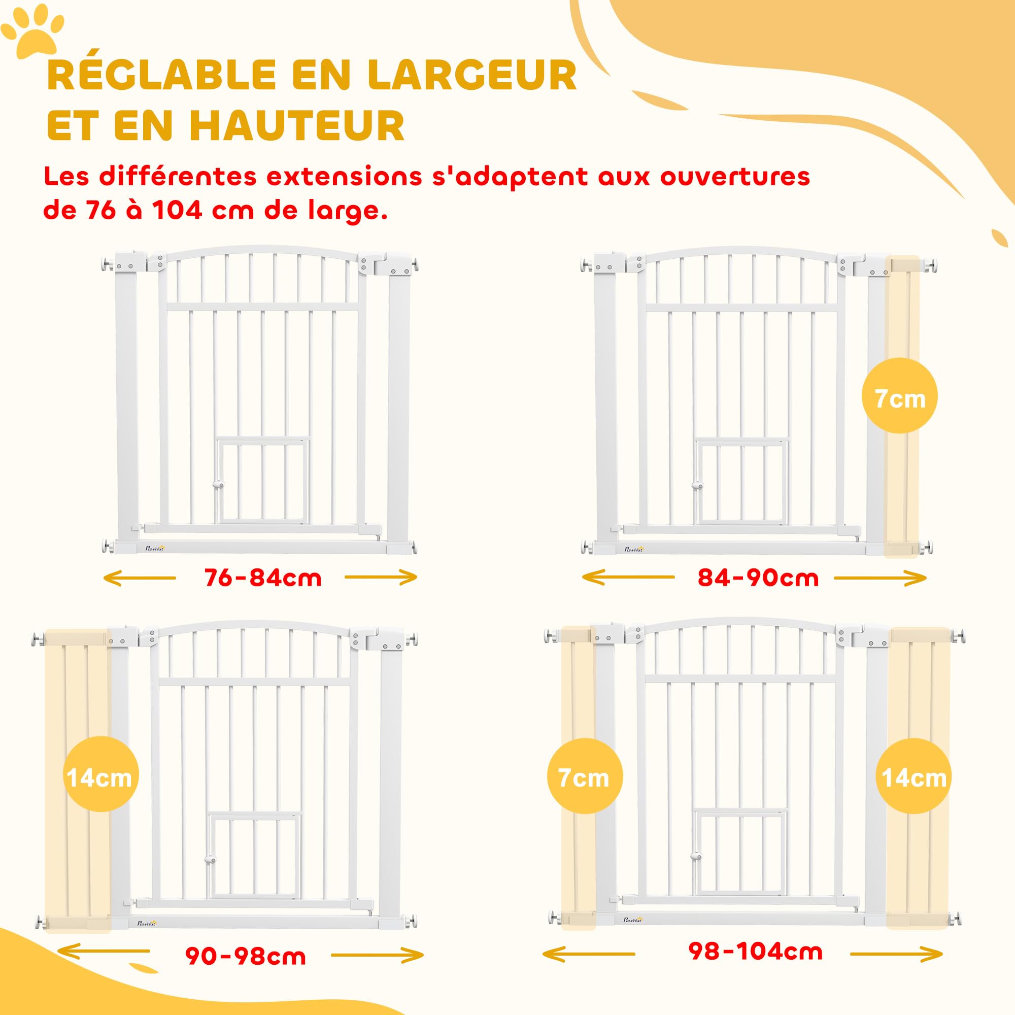 PawHut - Barrera de seguridad para perro extensible 76-104 x 77 cm, barrera de escalera y puertas con sistema de doble bloqueo, montaje por presión o perforación, barrera de perro y gato, color blanco