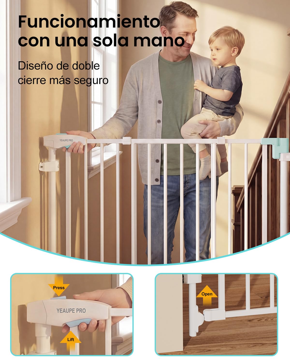 YEAUPE PRO Barrera de Seguridad Escalera Extensible de Metal, 75-110 CM, para Taladrar, Valla de Seguridad Infantil, Barrera de Escalera para Bebés y Niños Pequeños, Puerta de Seguridad, Blanco