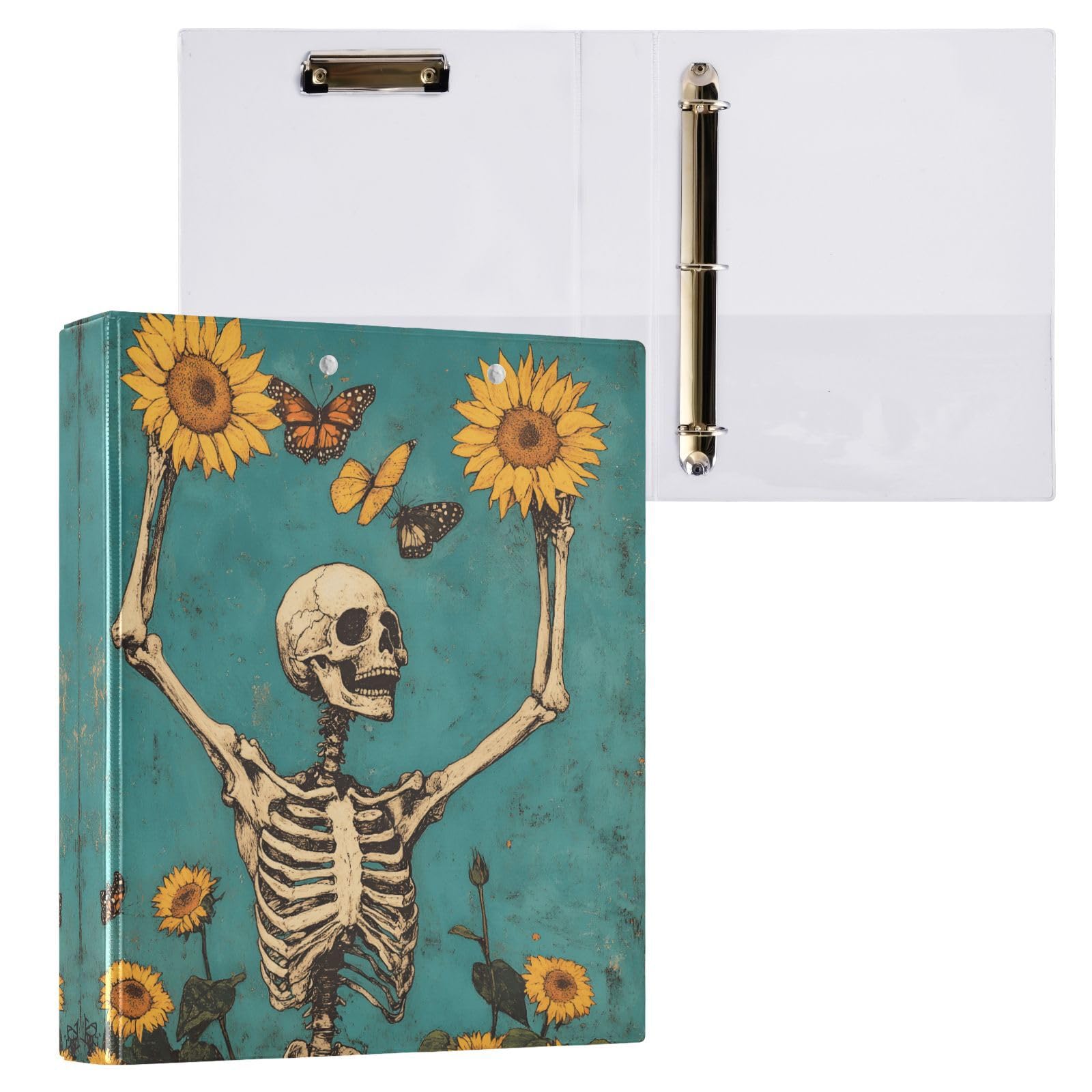 Confezione da 2 raccoglitori a 3 anelli, scheletro, teschio, farfalla, girasole, 3,8 cm, con 3 tasche trasparenti, portablocco e contiene 200 fogli, per ufficio, scuola, organizzazione