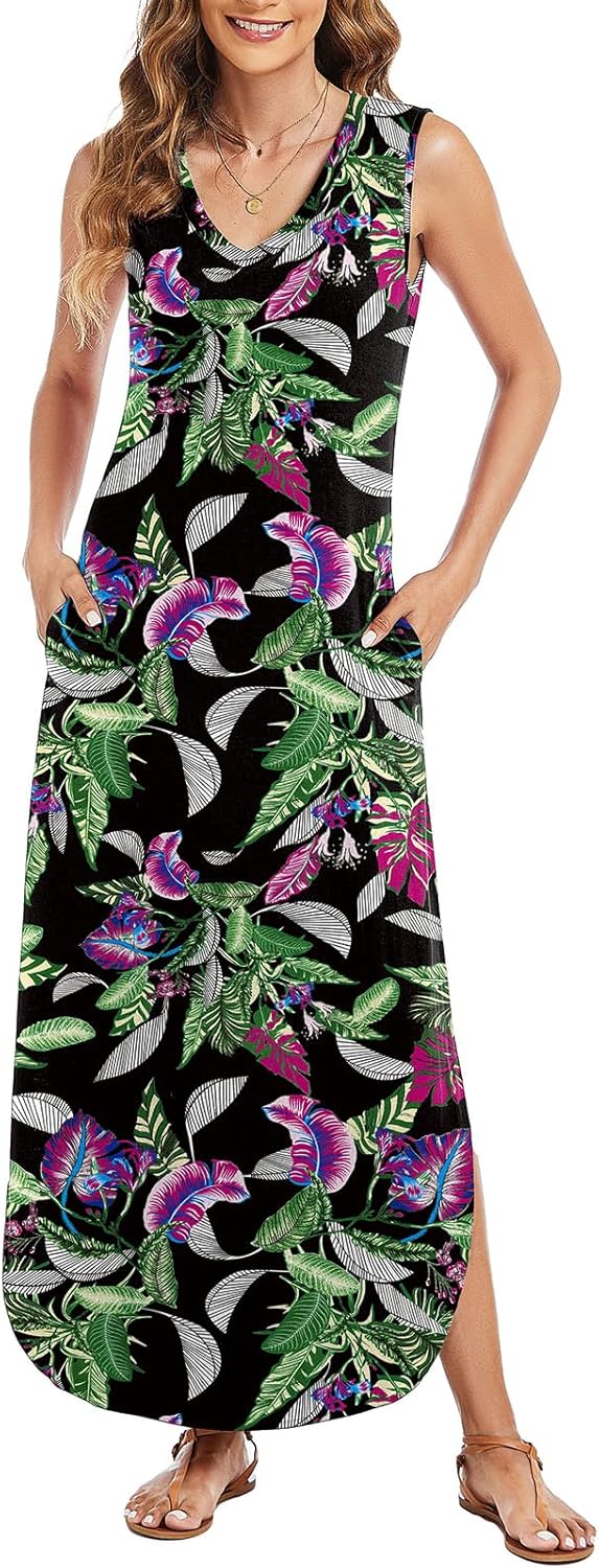 Arolina Maxi Dress for Women Tropical Summer V Neck Sleeveless Split Long Beach Dresses Casual Loose Sundress with Pockets