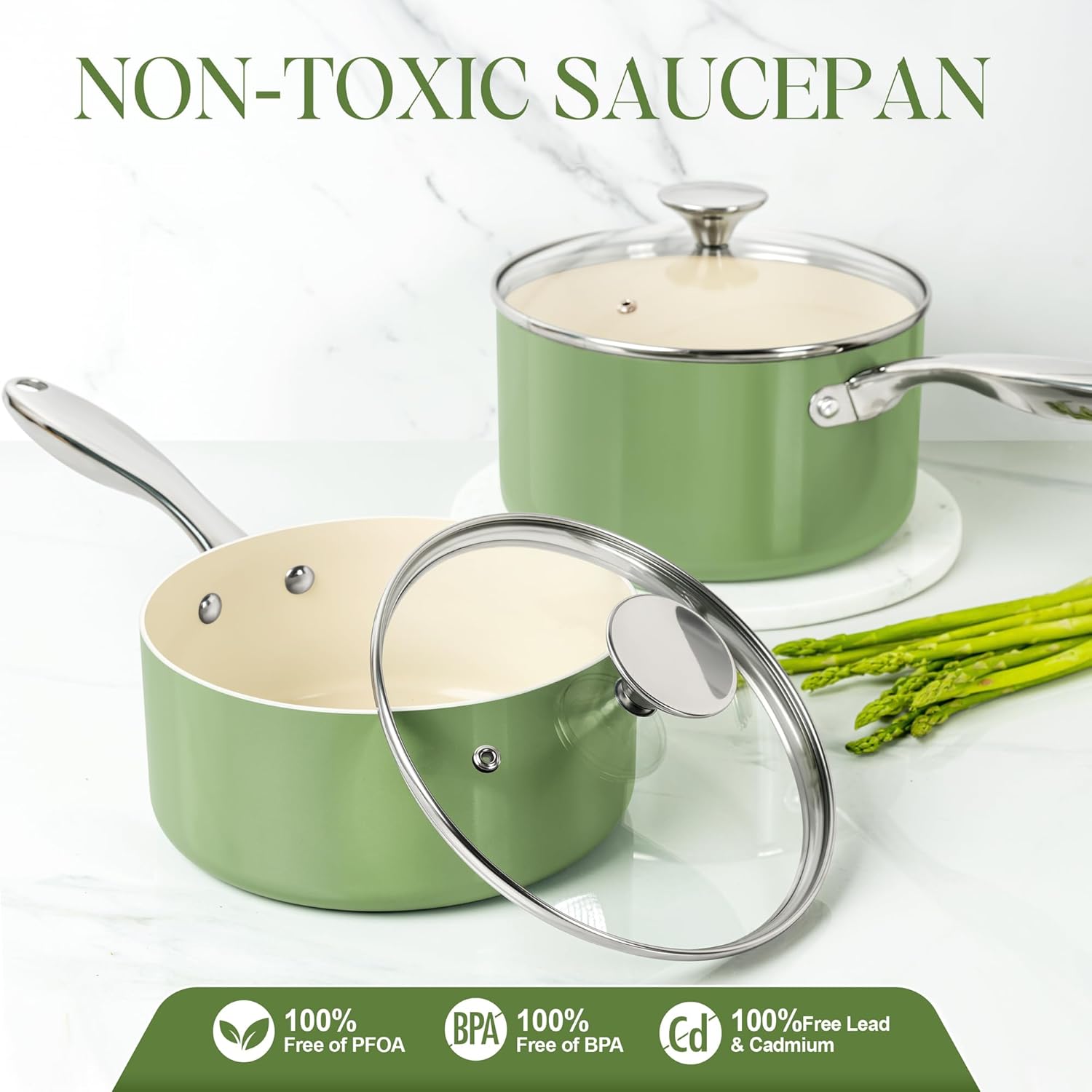 MICHELANGELO 3 Quart Saucepan with Lid - Non Toxic Sauce Pan with Nonstick Ceramic Coating, Scratch-Resistant, Induction Saucepan Suitable for All Stovetops, Green - Image 2