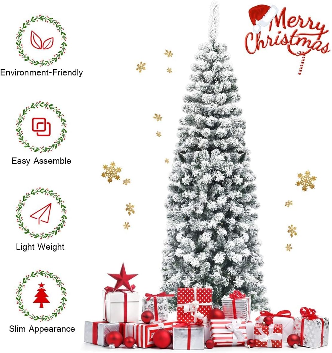 BANGTANE 6FT Artificial Snow Flocked Pencil Christmas Tree, Hinged Faux-Pine Xmas Tree with Slim Tree Top & Realistic PVC Needles, Foldable X-Shaped Metal Stand, Décor for Indoor & Outdoor (6FT)