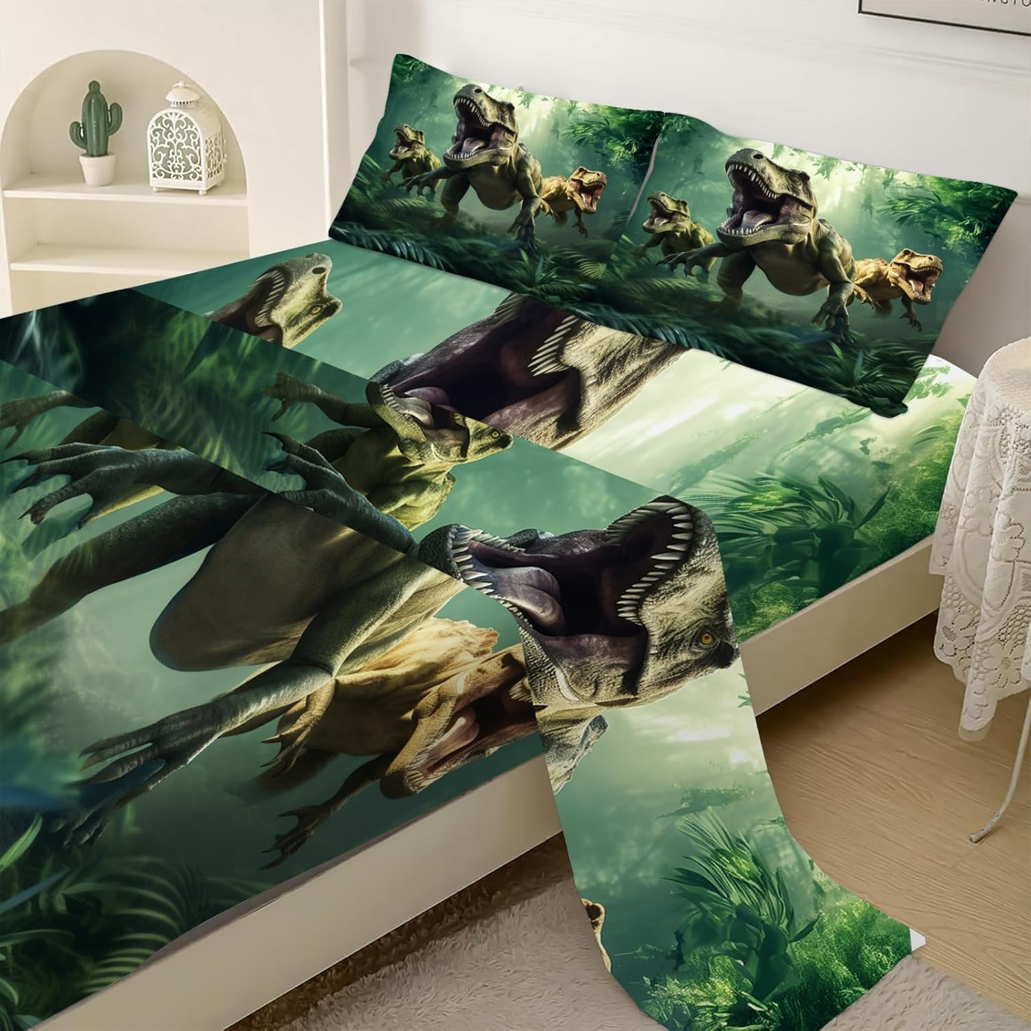 Dinosaurs Bed Sheets Full for Boys Kids 3D Realistic Dinosaur Green Fitted Sheets Set Breathable Dinosaur Bed Sheet Kids Soft Microfiber Bedding Sheets Set