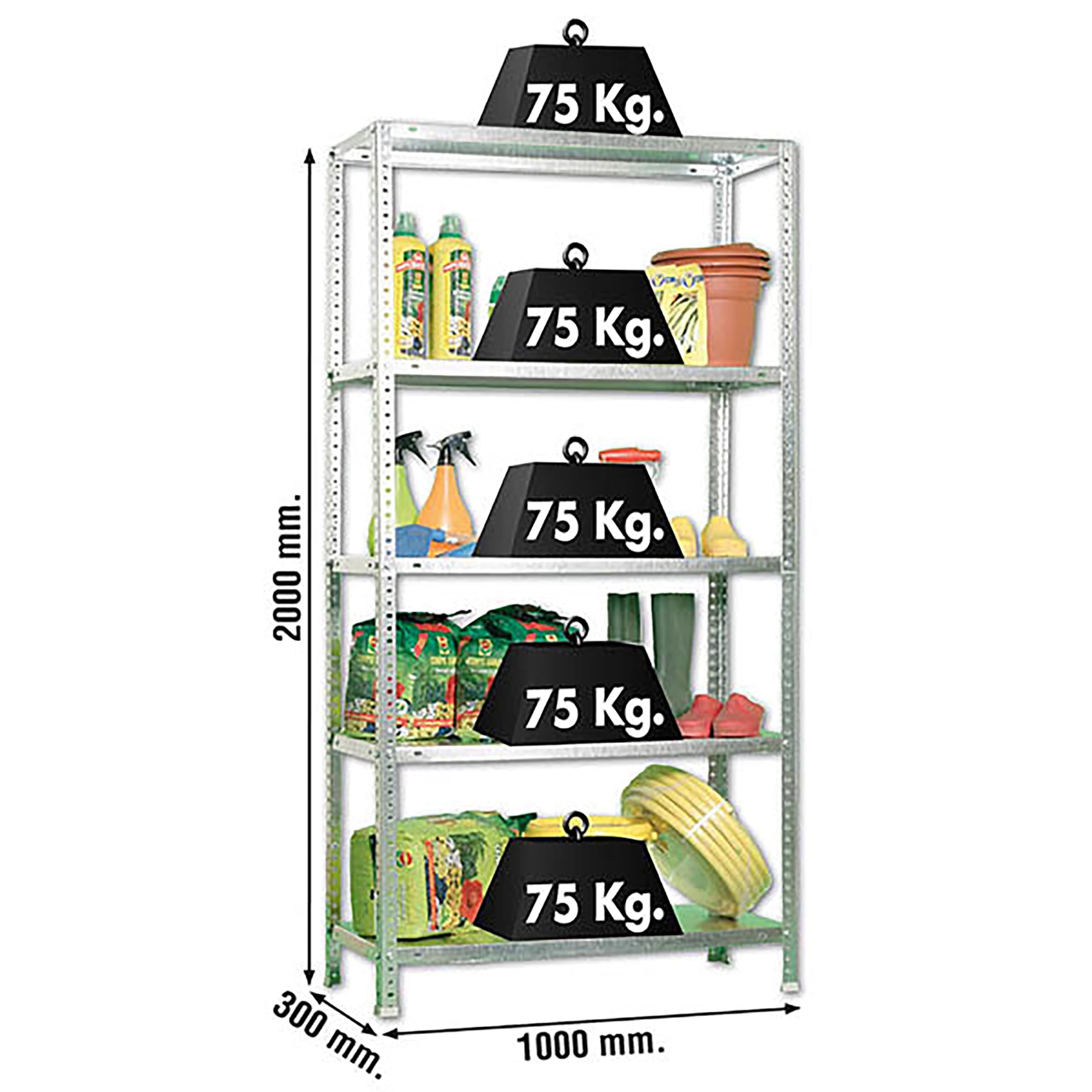 Simon Rack Estanterias Metalicas 2000x1000x300 mm, 5 Baldas Metalica, 75 kg de Punto Flexión, Estanterias Almacenaje, Galvanizado - Advantage