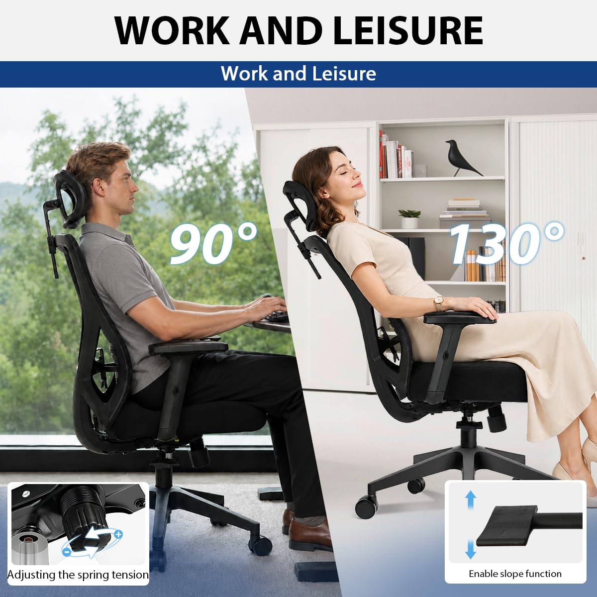 Durrafy Chaise de Bureau Ergonomique, Appui-Tête & Support Lombaire Réglables, Accoudoirs Rabattables, Maille Respirante, 130° Inclinaison（Ne Peut Pas être verrouillé）, 150kg Charge. (Noir)