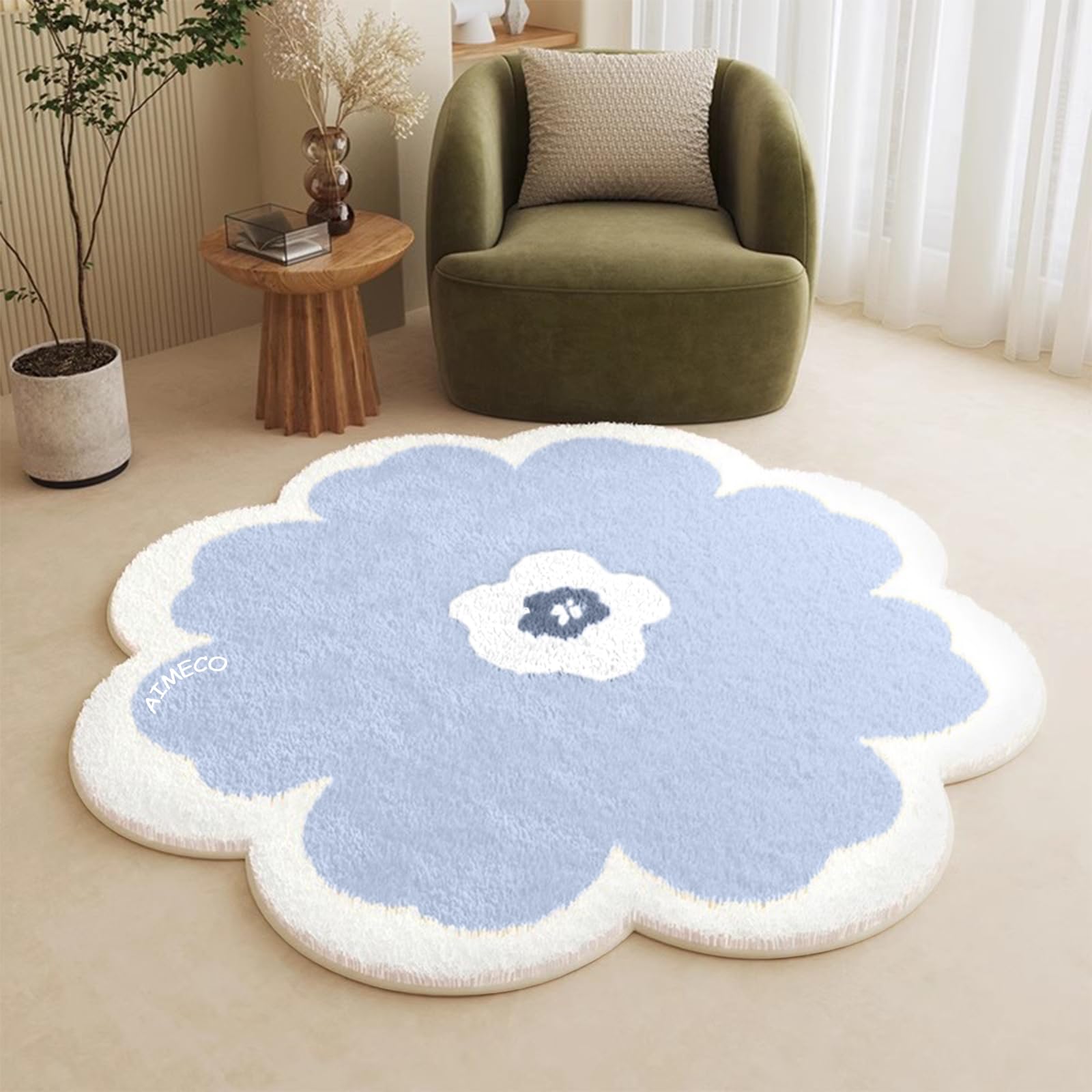 Blaue Blumen Motiv Kinderteppich Rund 200CM Weicher Kuscheliger Carpet Wohnzimmer Teppichen Mädchen Schlafzimmer Kinderzimmer Dünn Pflegeleicht Teppiche