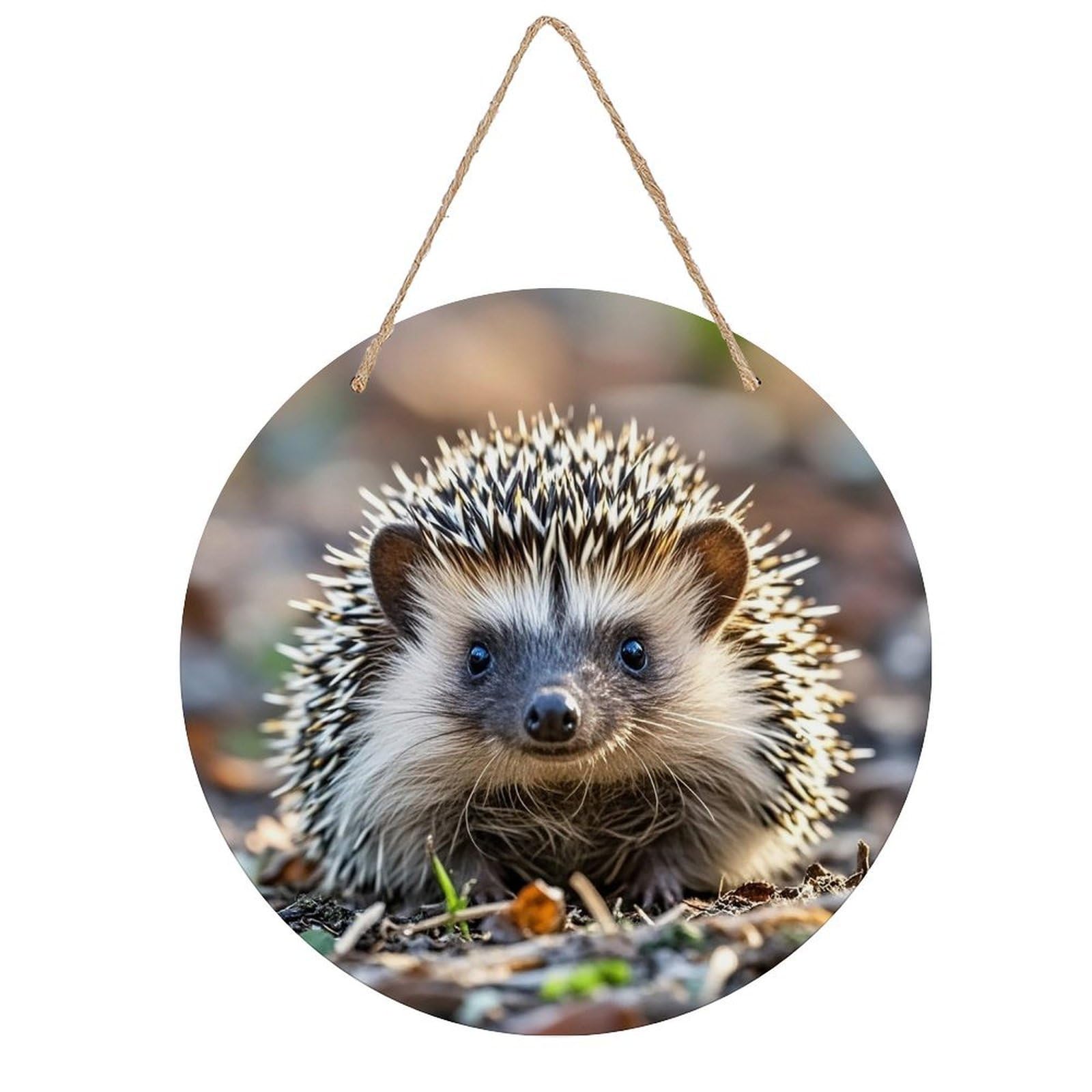 LZQPOEAS Hedgehog Wall Art Decor Round Wood Hanging Sign Rustic Vintage Wooden Door Hanger with Ropes Decorative Plaque Welcome Sign for Home Indoor Outdoor, 7.9x7.9 in