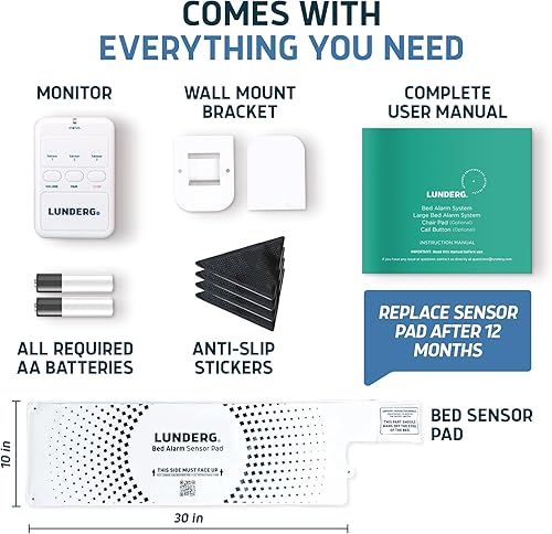 Miniatura 5 de Lunderg Alarma de cama para adultos mayores, almohadilla de sensor inalámbrico (10 x 30 pulgadas) y buscapersonas - Alarmas de cama y prevención